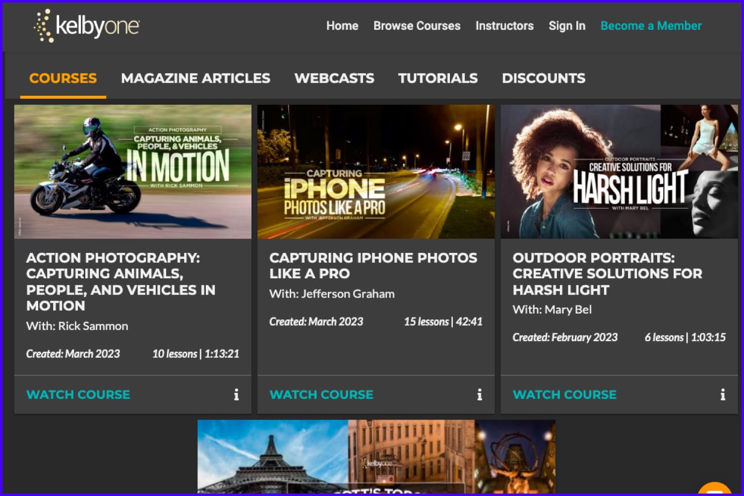 Screenshot of the main page of the Online Courses by Kelbyone website.