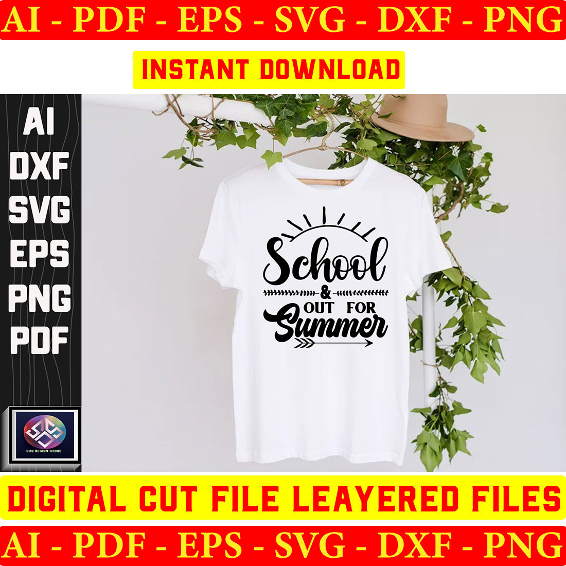 T - shirt with the words school and summer printed on it.