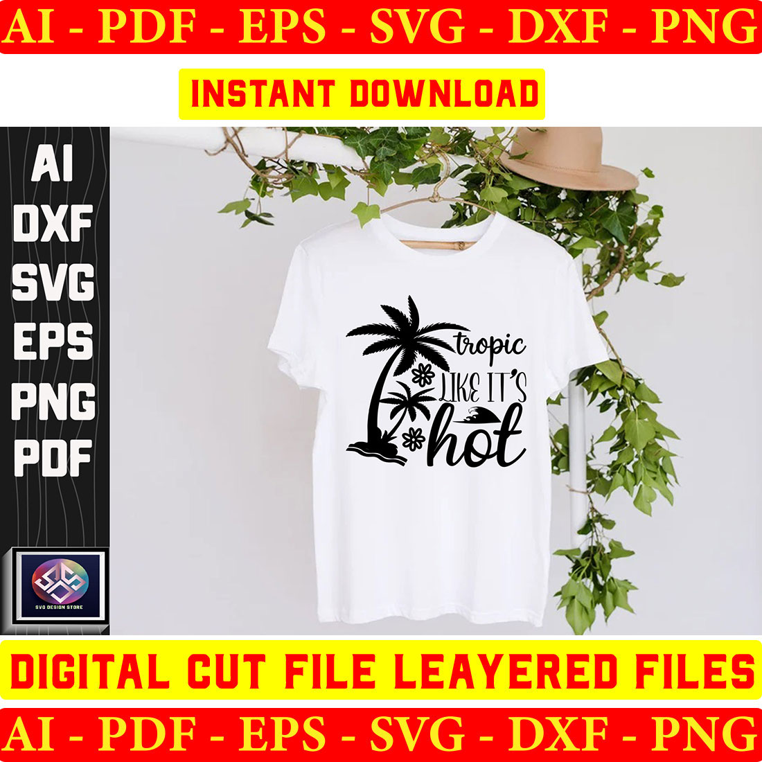 White t - shirt with a palm tree and the words tropical cut file layered.