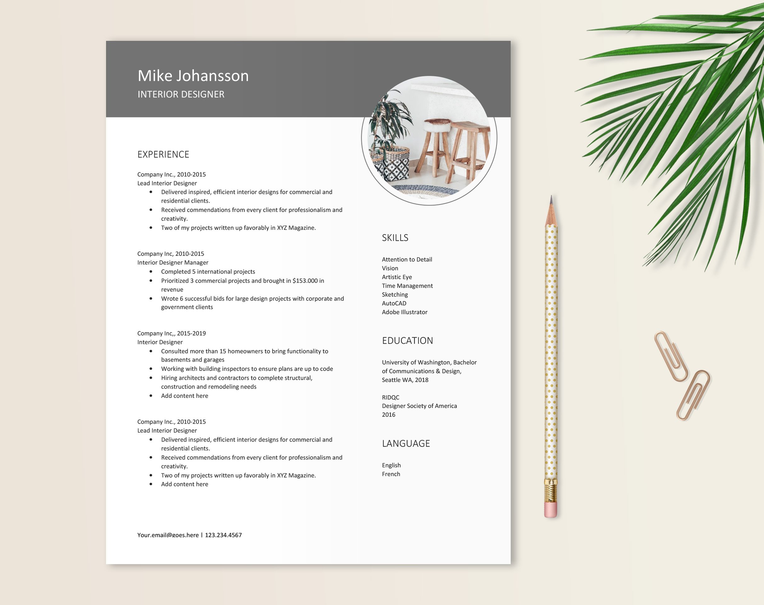 Professional resume template with a palm tree.