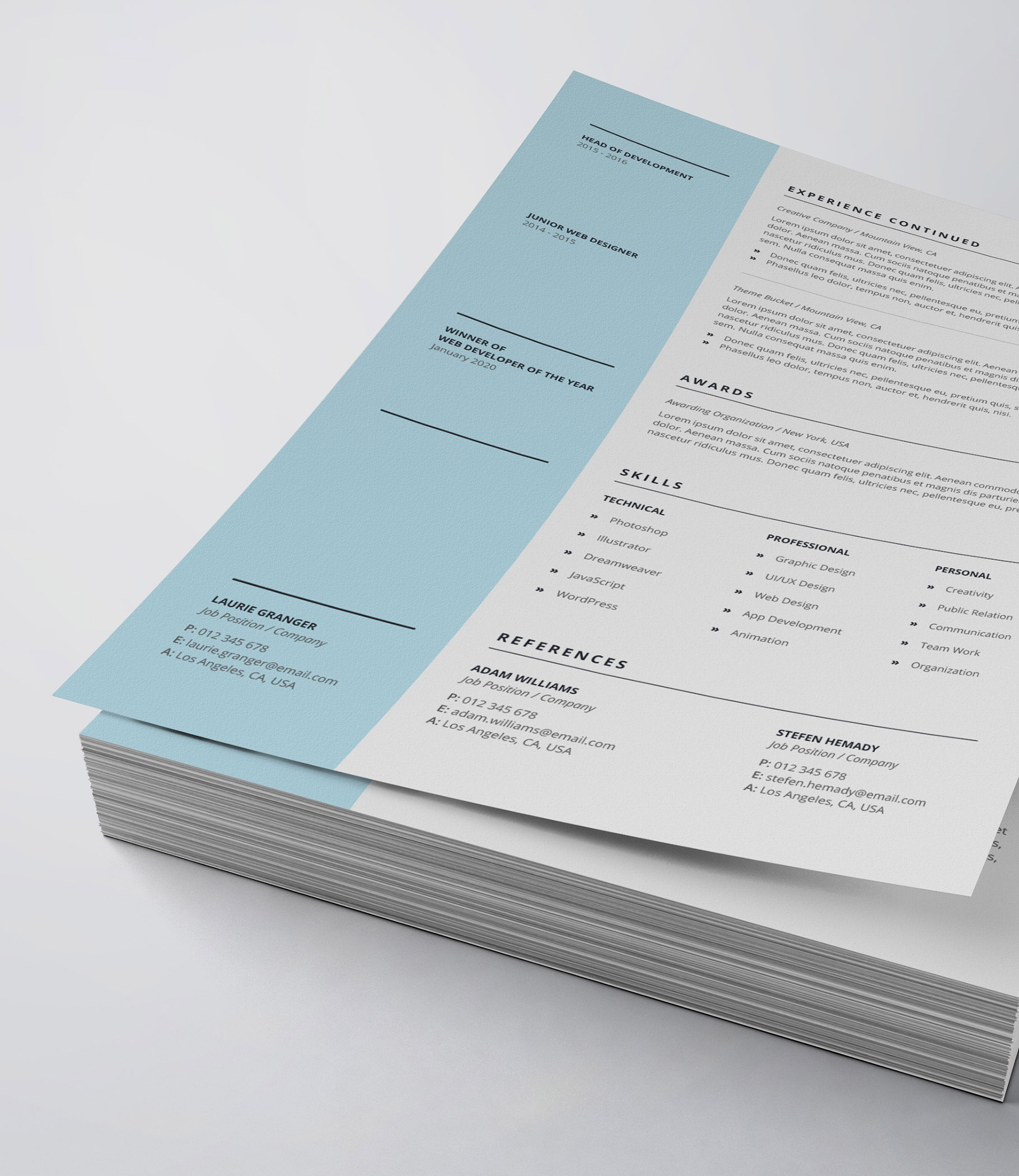 Two pages of a resume on top of each other.