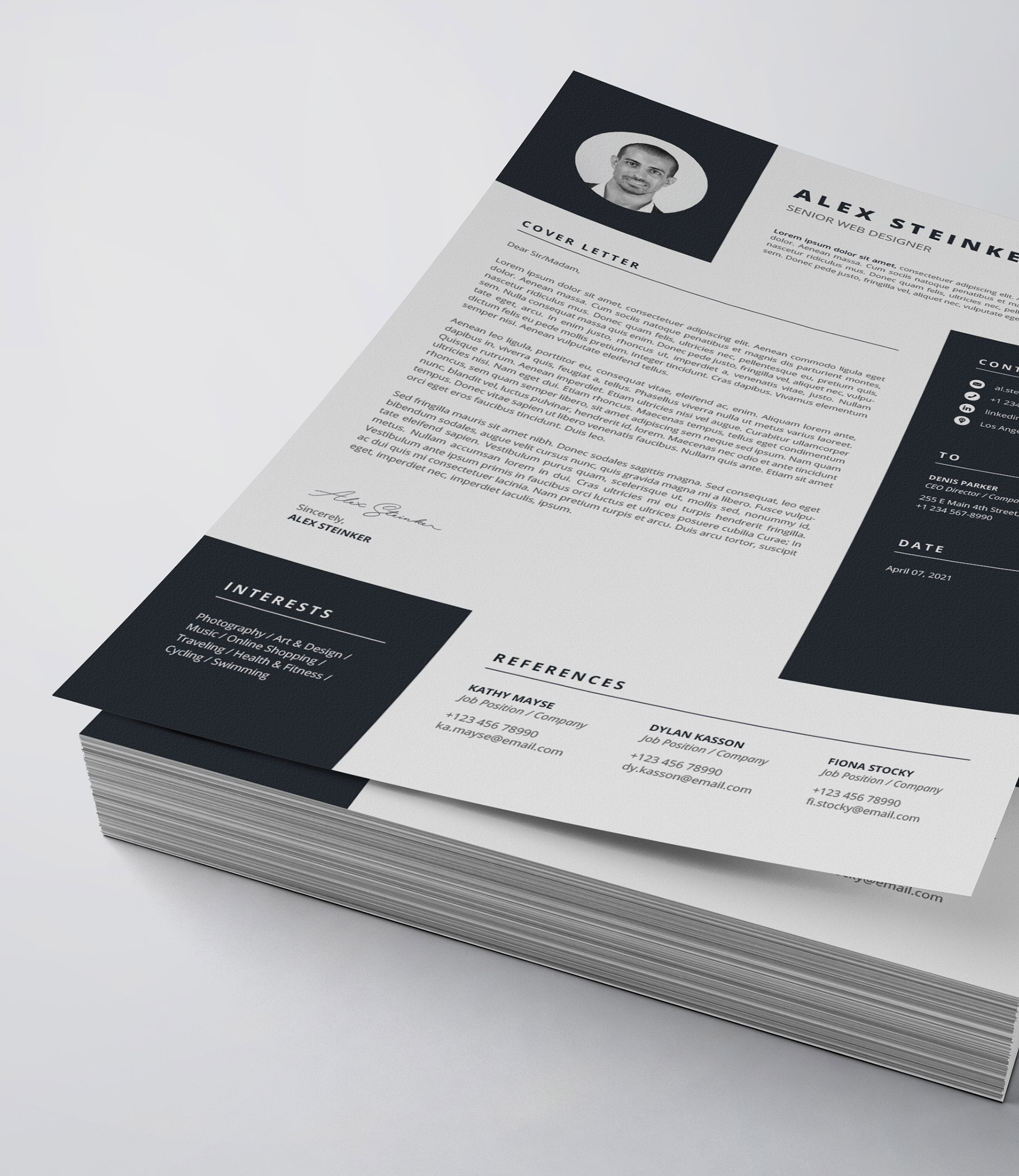 Professional resume template with a black and white cover.