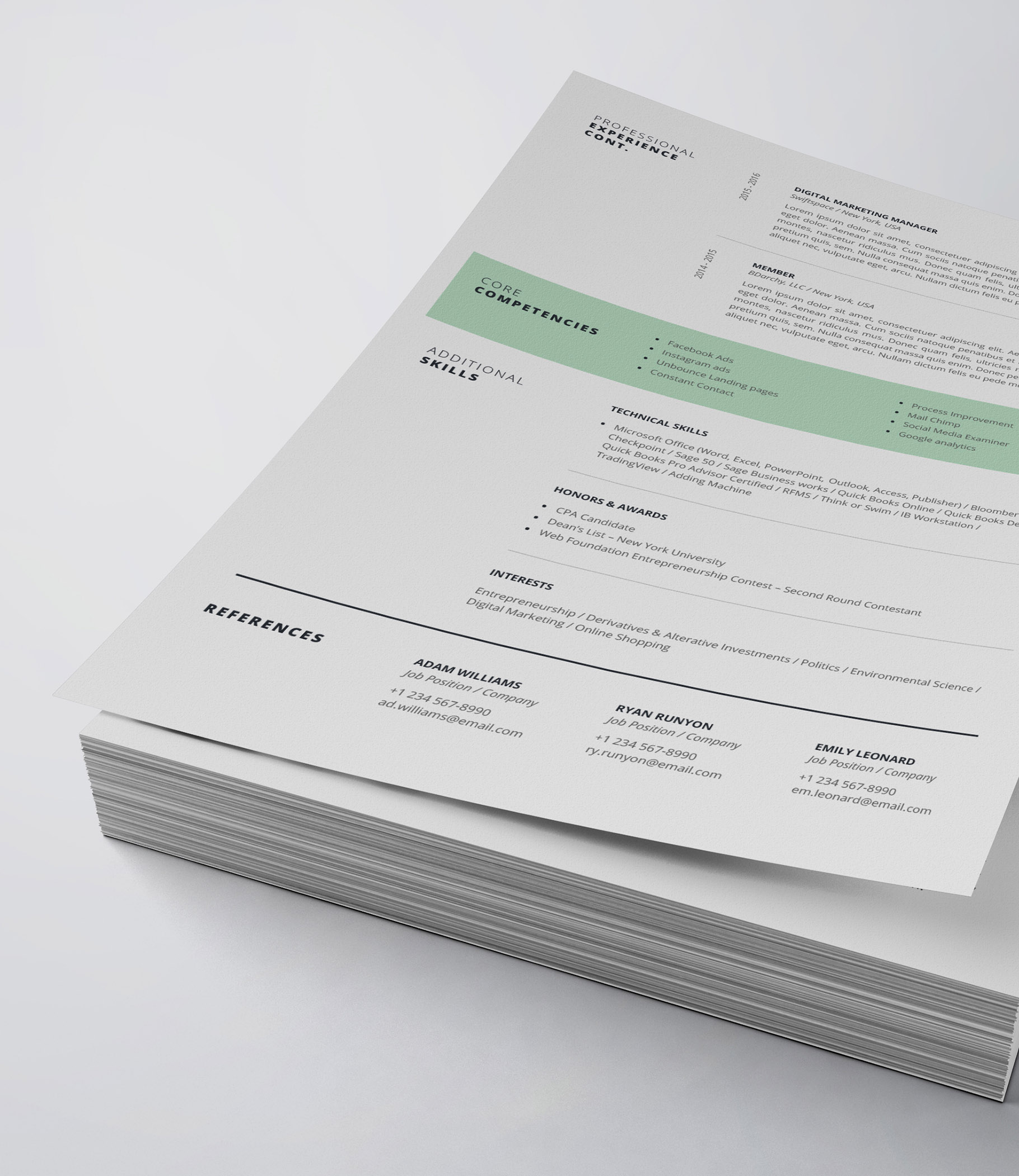 White and green resume is stacked on top of each other.