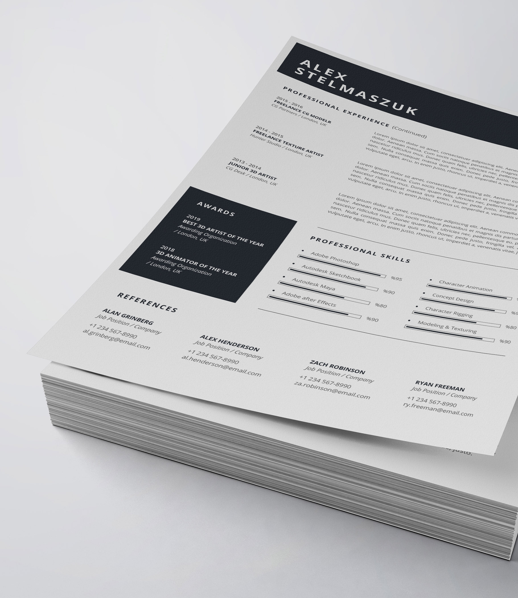 Professional resume template with a black and white cover.