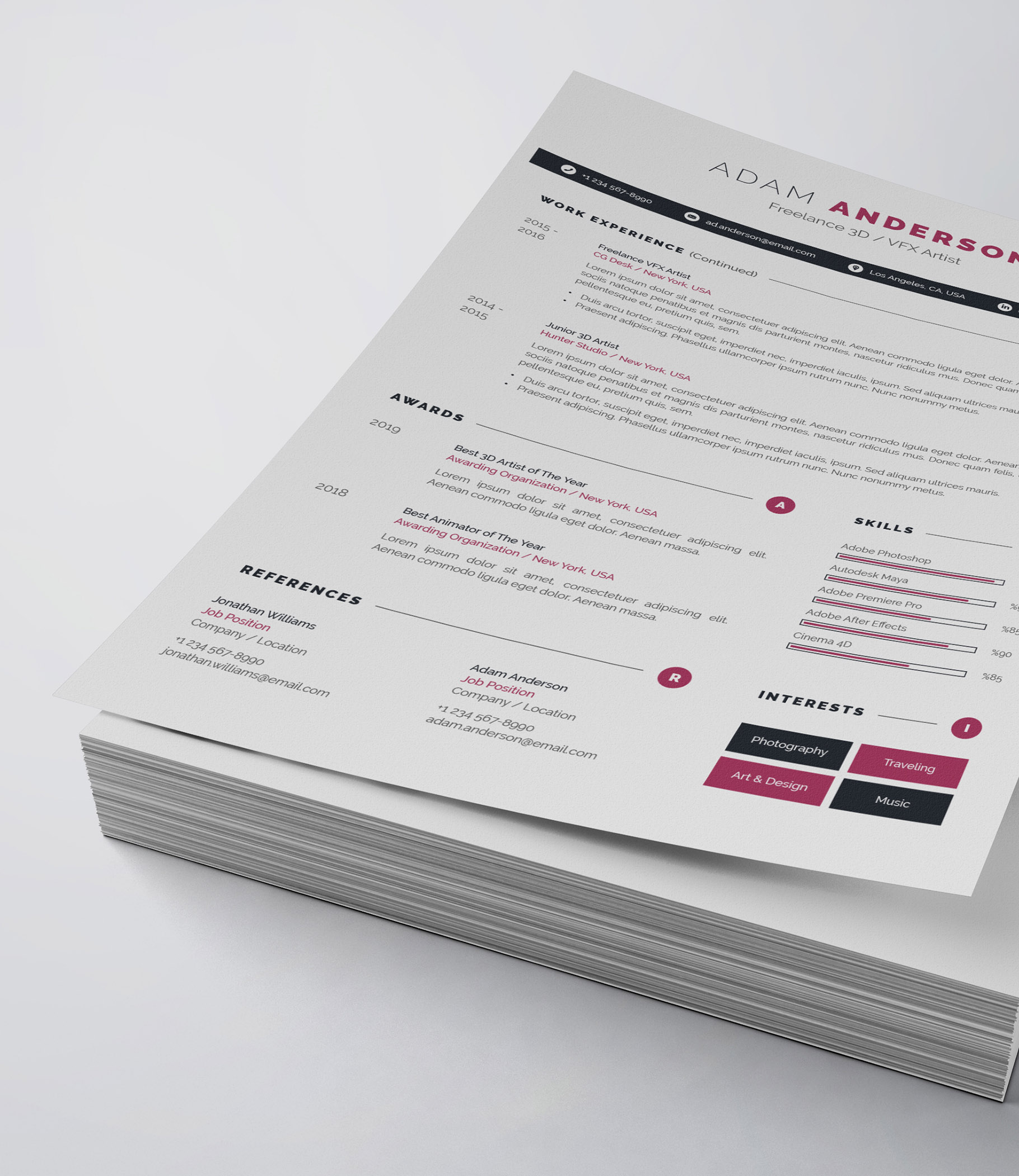 Clean and professional resume template on top of a stack of papers.