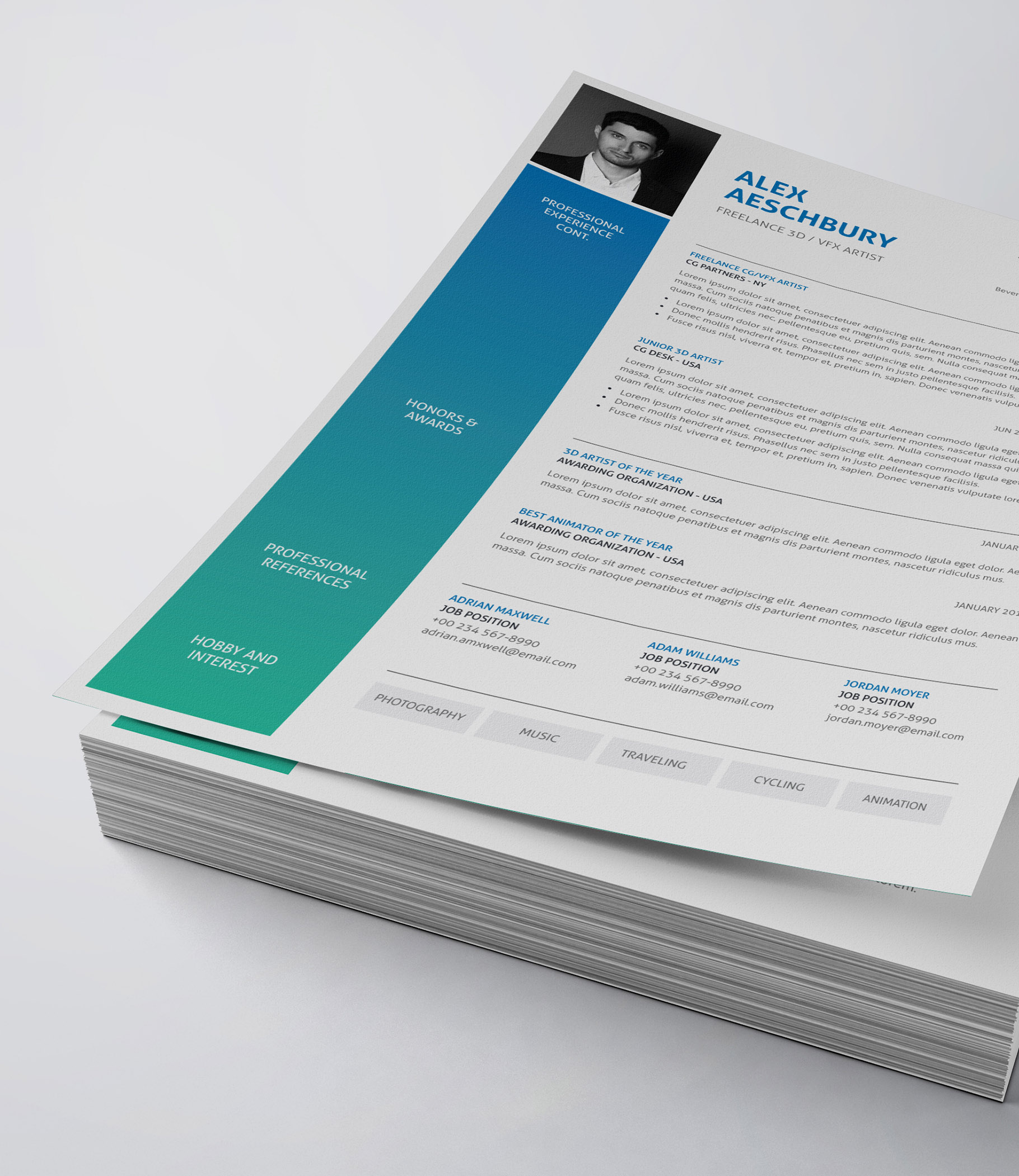 Clean and professional resume template on top of a stack of papers.