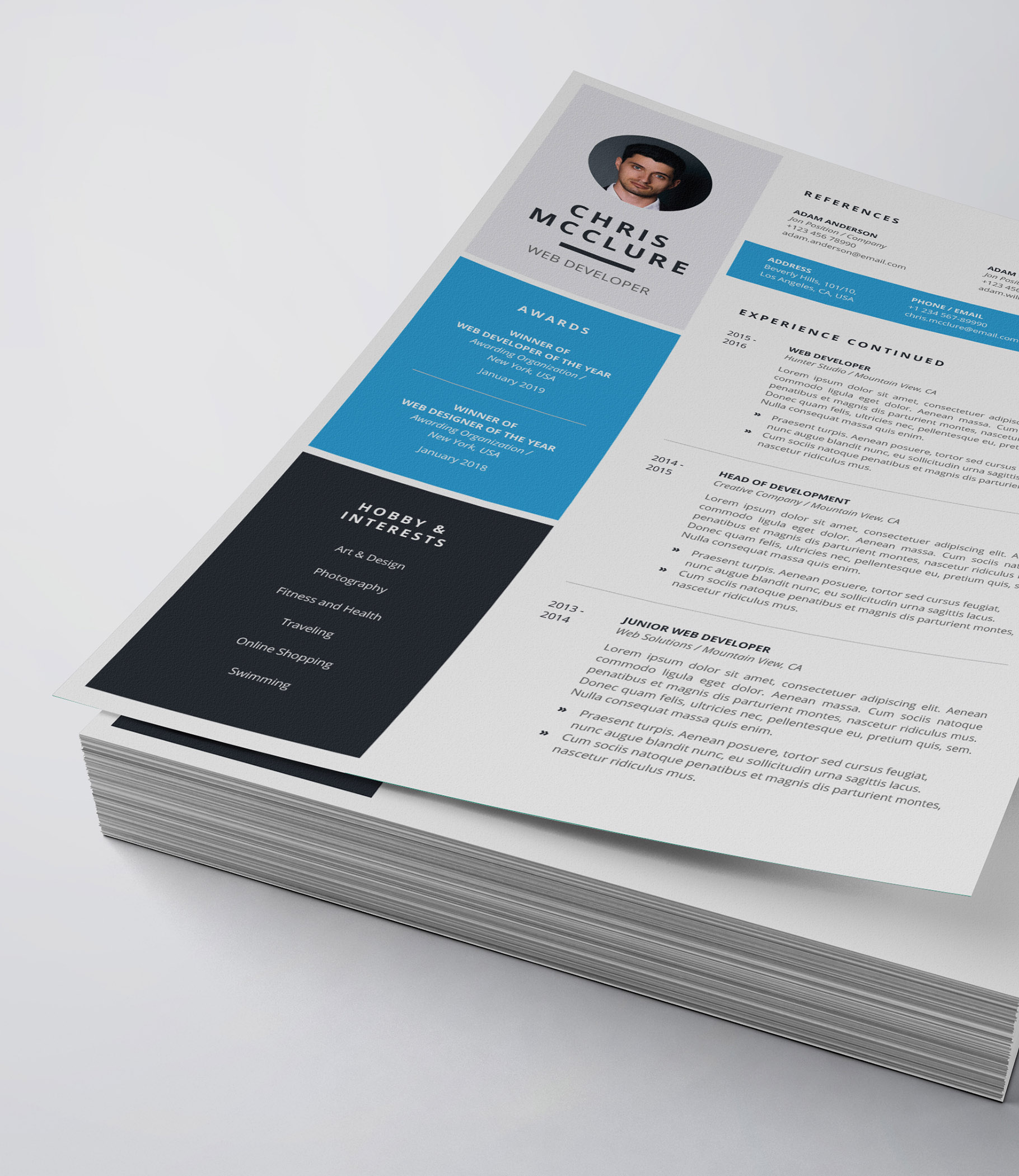 Professional resume template with a blue and black color scheme.