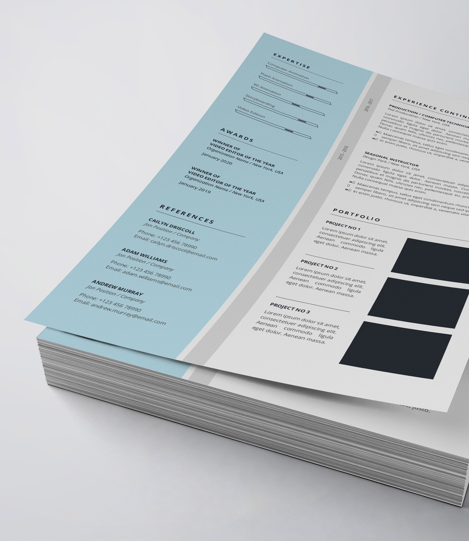 Two pages of a resume on top of each other.