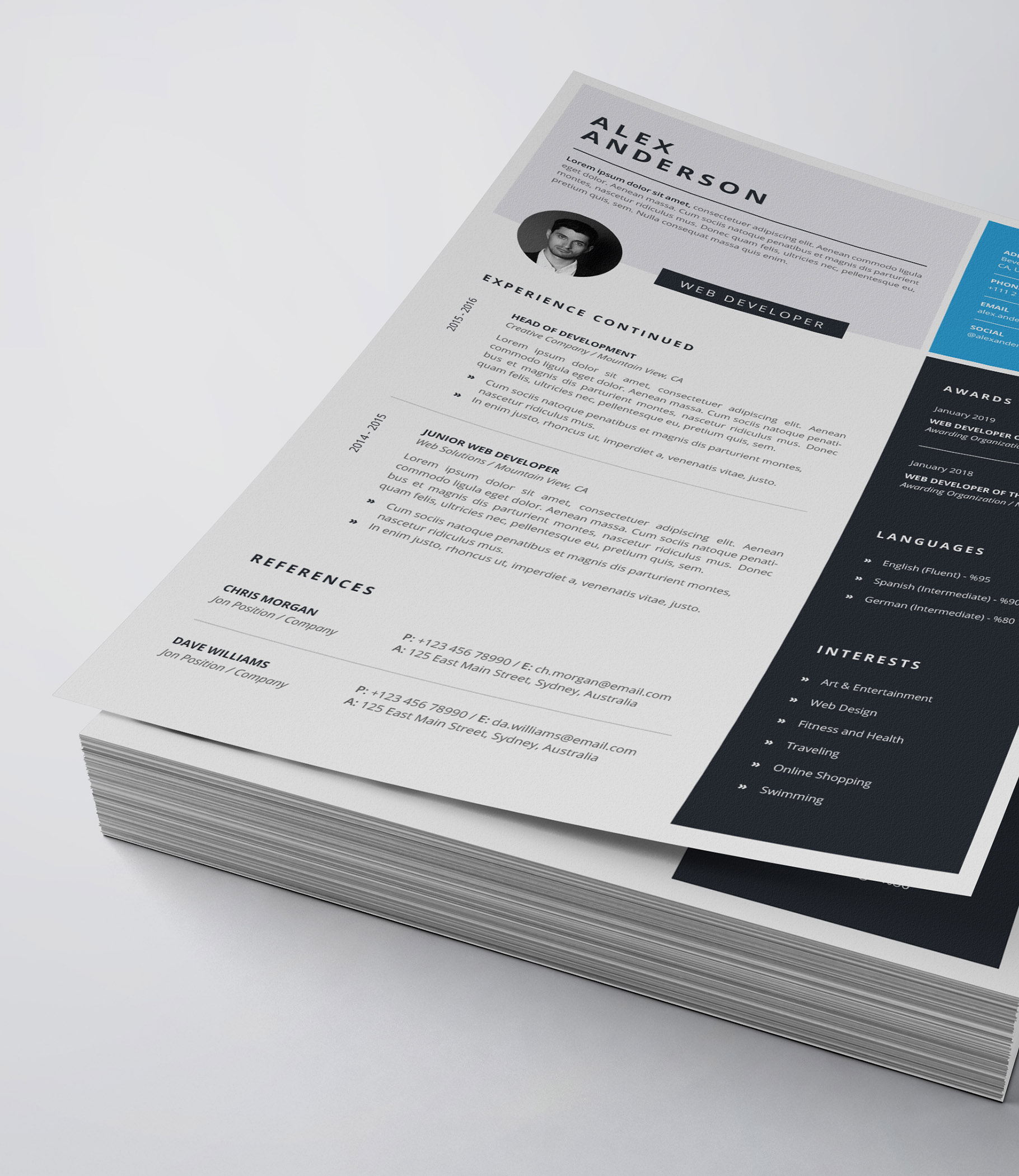 Two pages of a resume on top of each other.