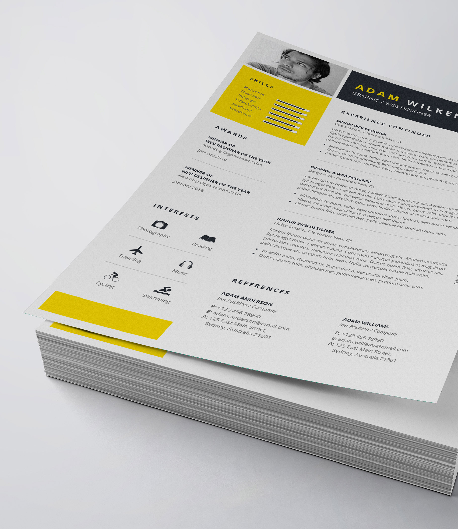 Clean and modern resume template with yellow accents.