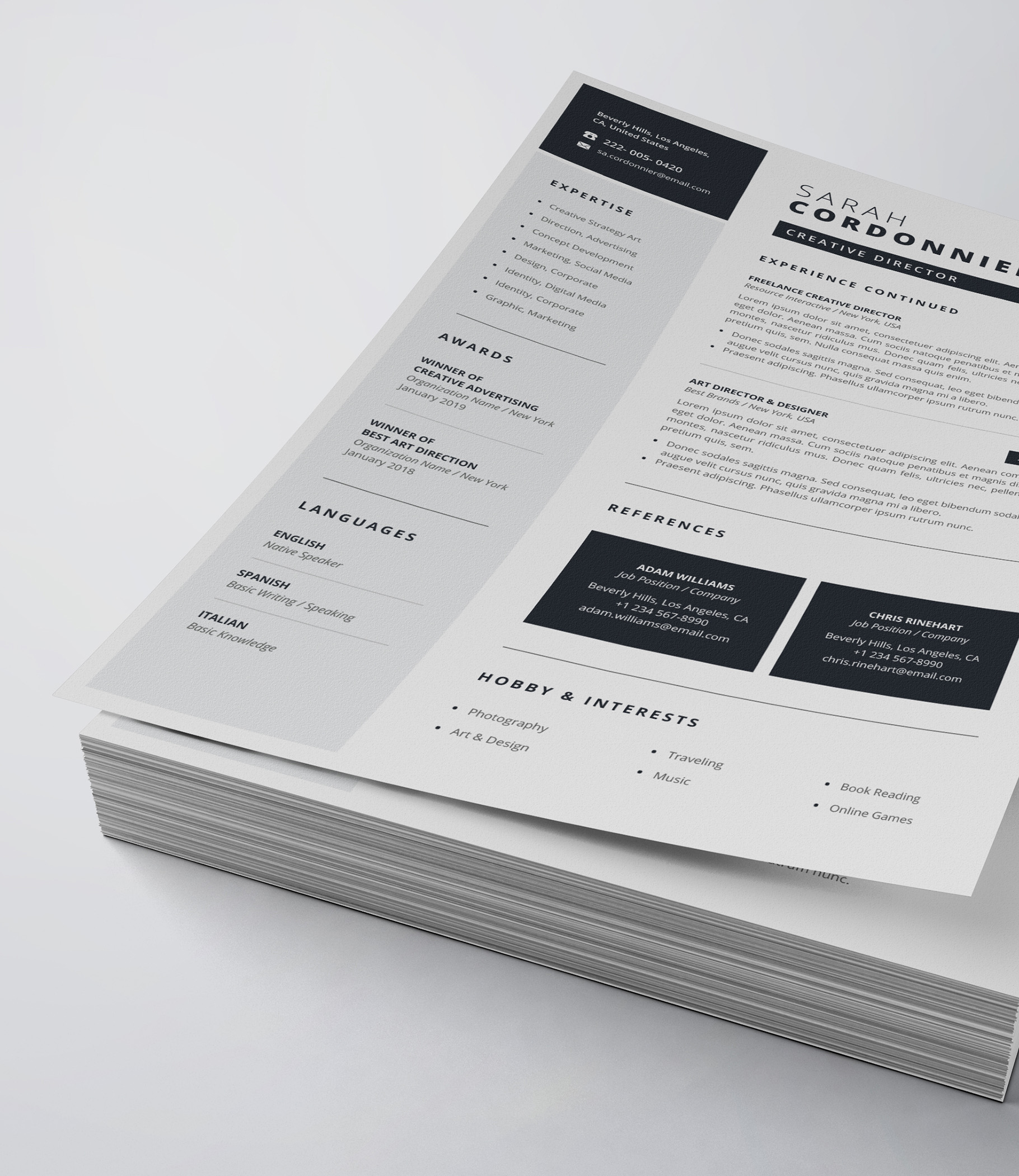 White and black resume on top of a stack of papers.