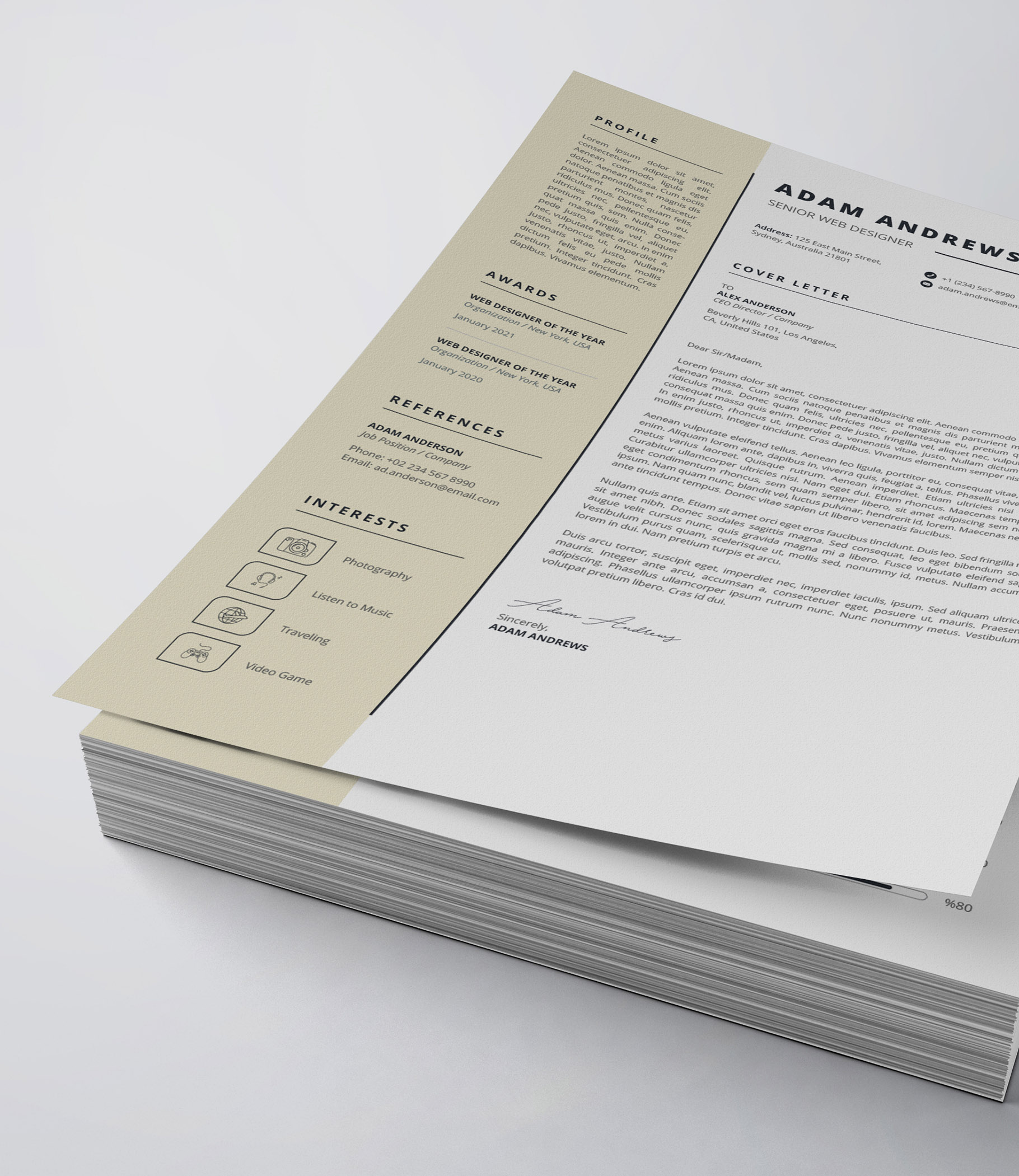 Two pages of a resume on top of each other.