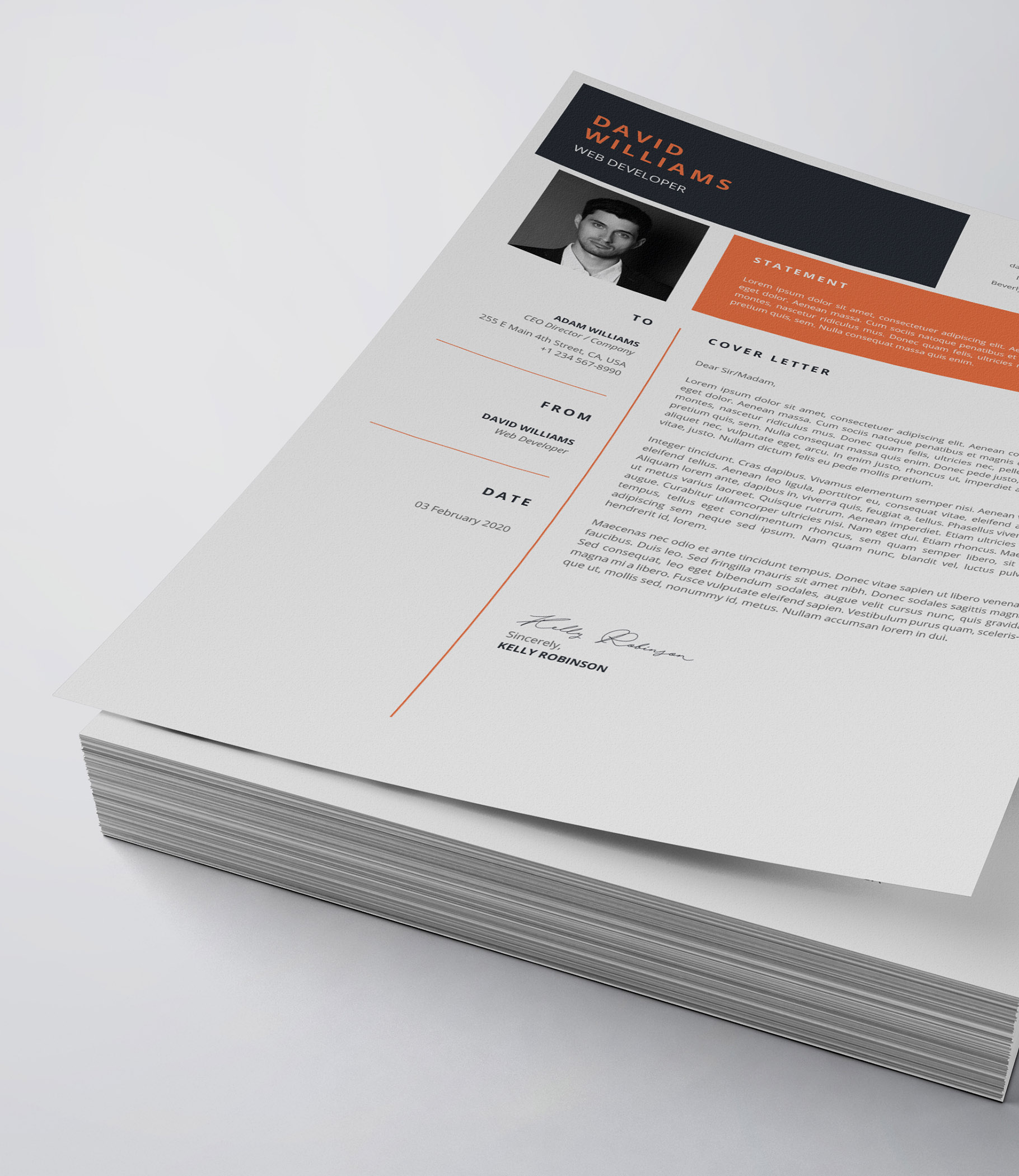 Clean and modern resume template with orange accents.