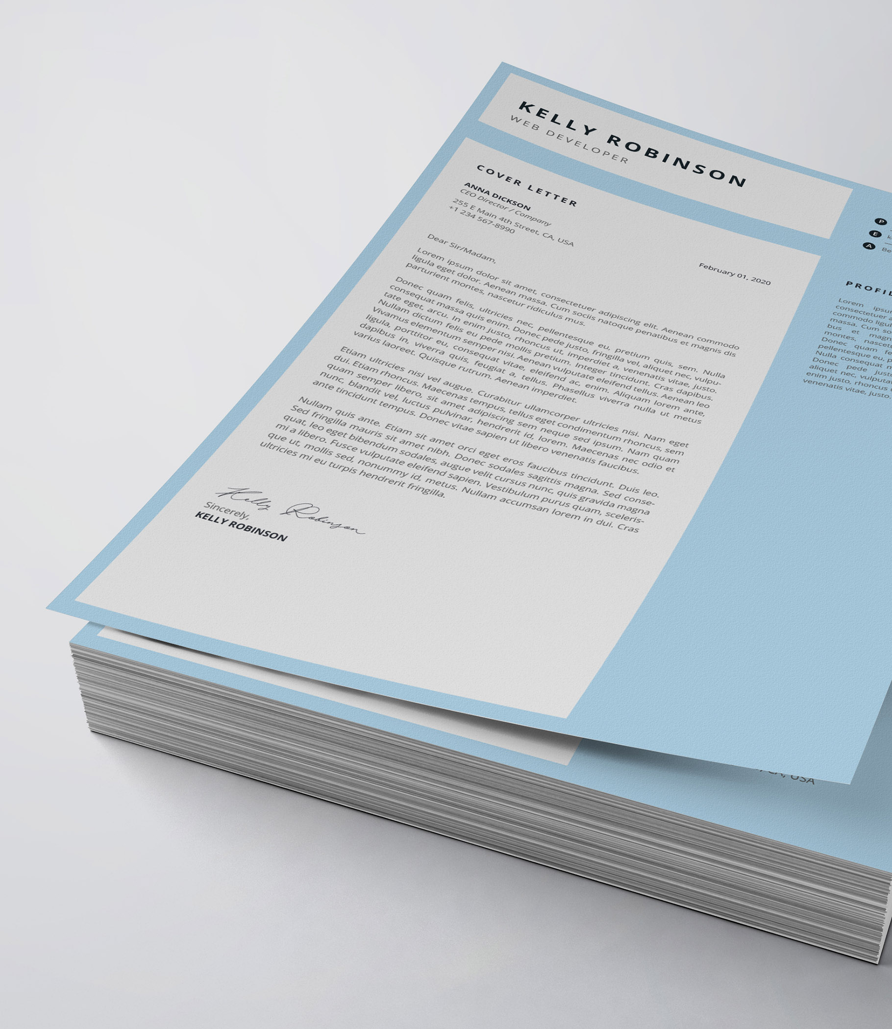 Blue and white cover letter on top of a stack of papers.