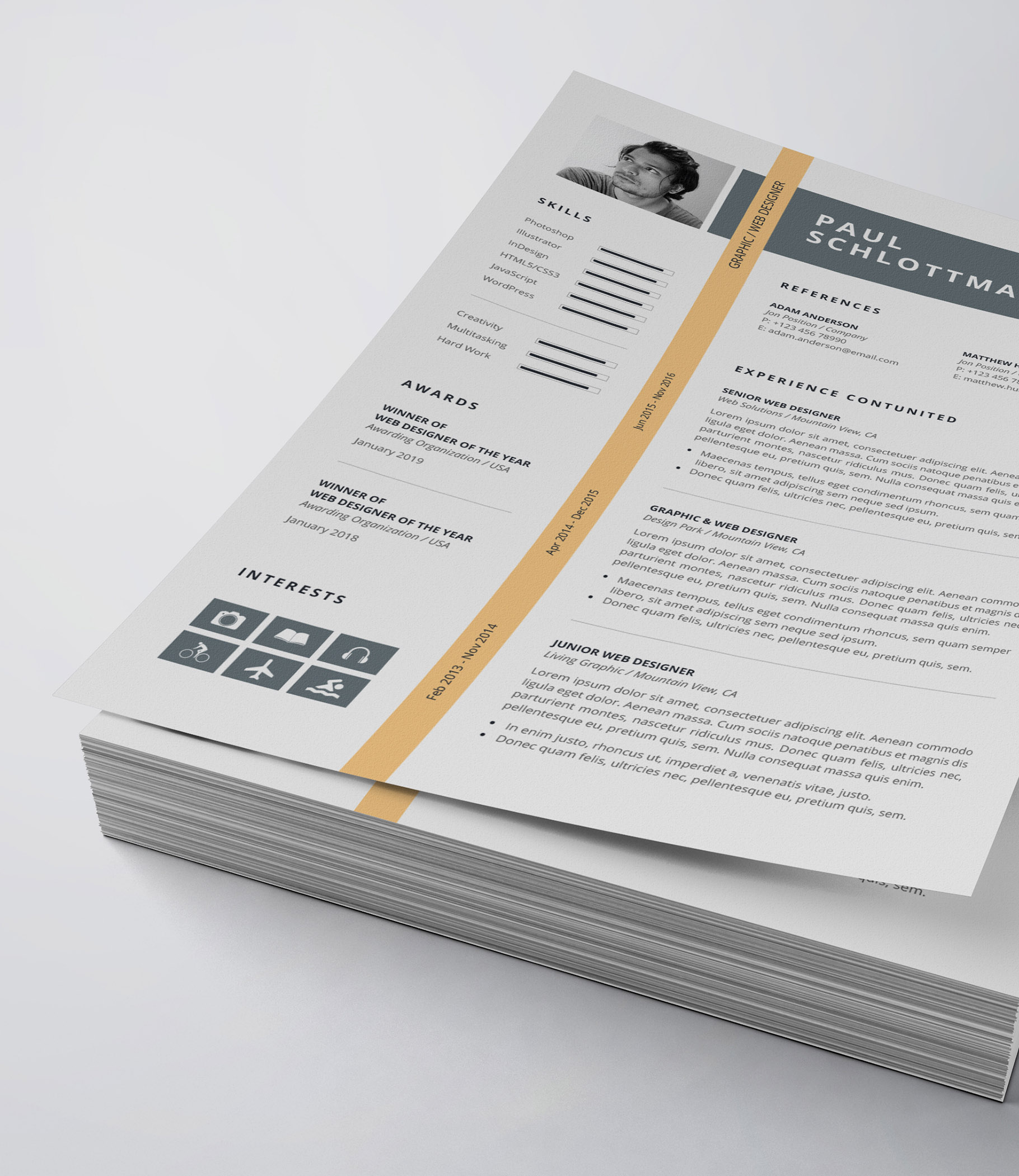 Professional resume template with a yellow stripe.