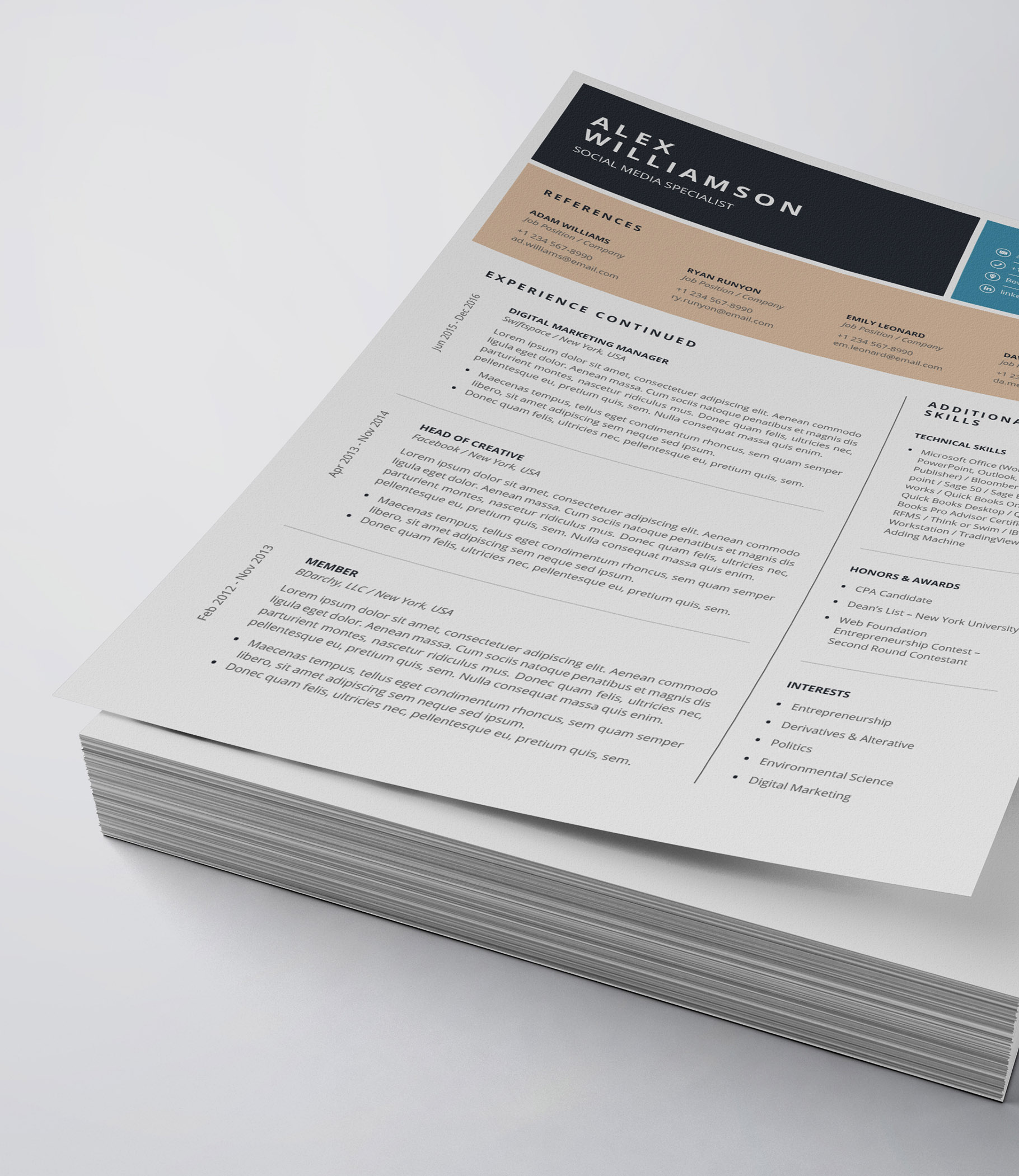 Clean and professional resume template on top of a stack of papers.