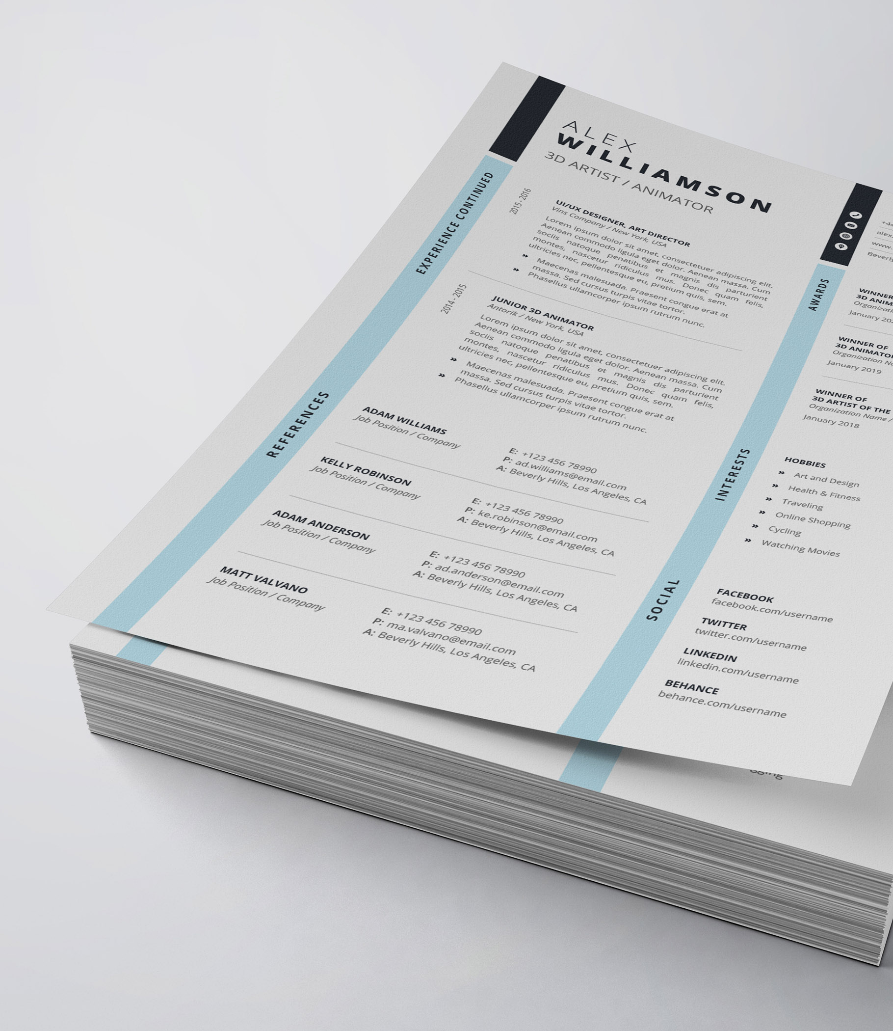 Two pages of a resume on top of each other.