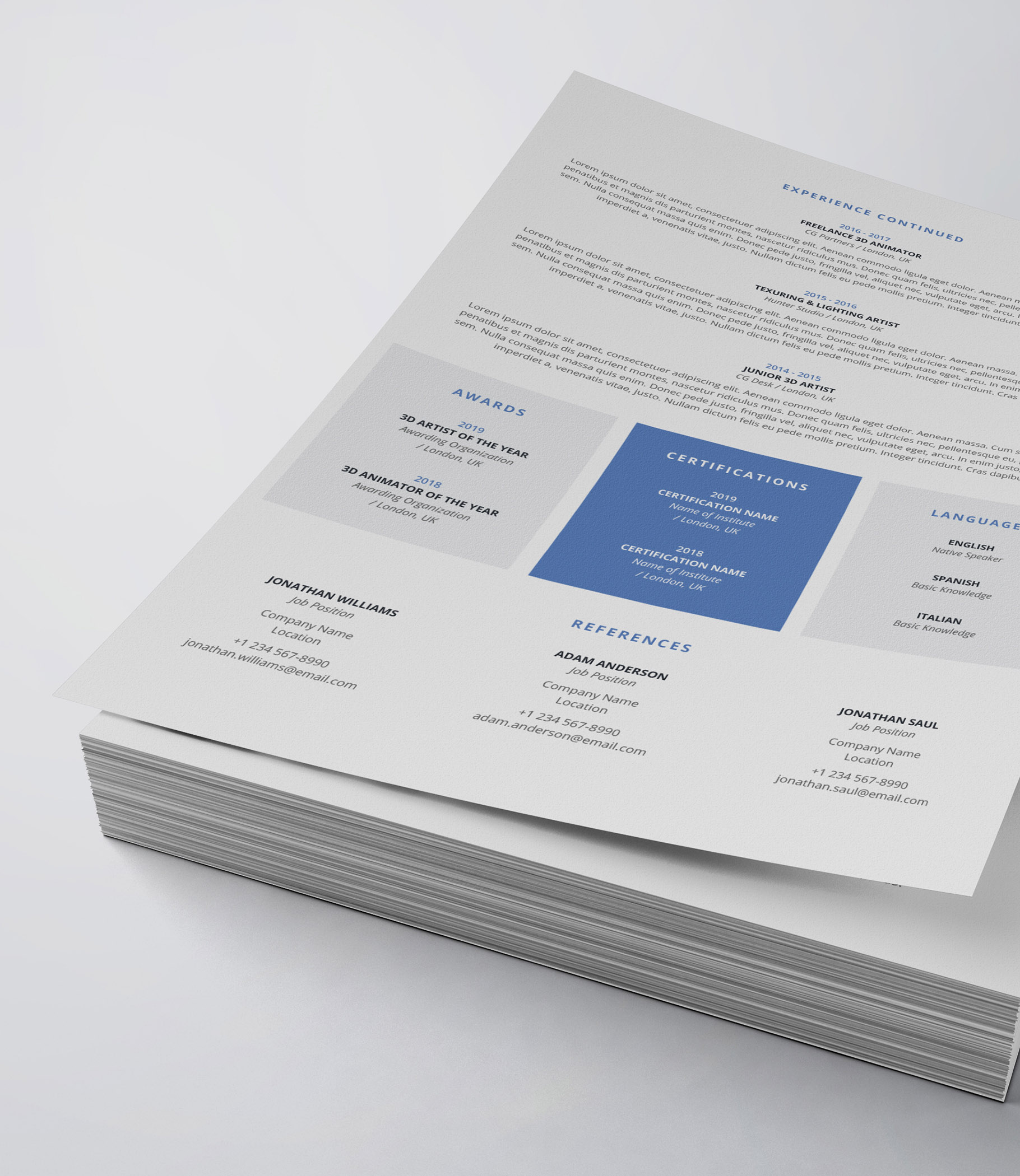 White and blue resume on top of a stack of papers.