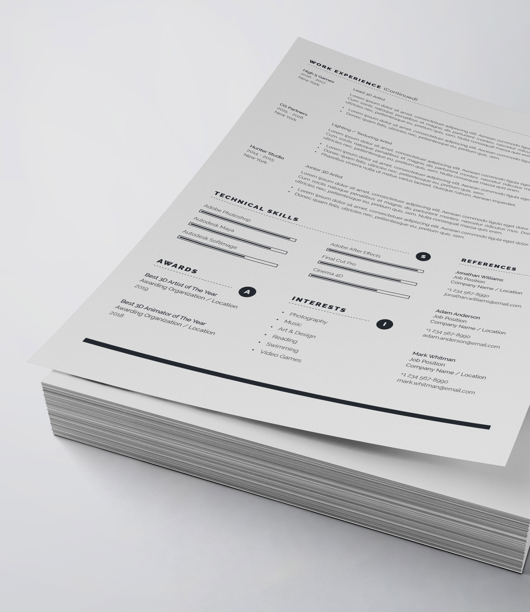 White and black resume on top of a stack of papers.