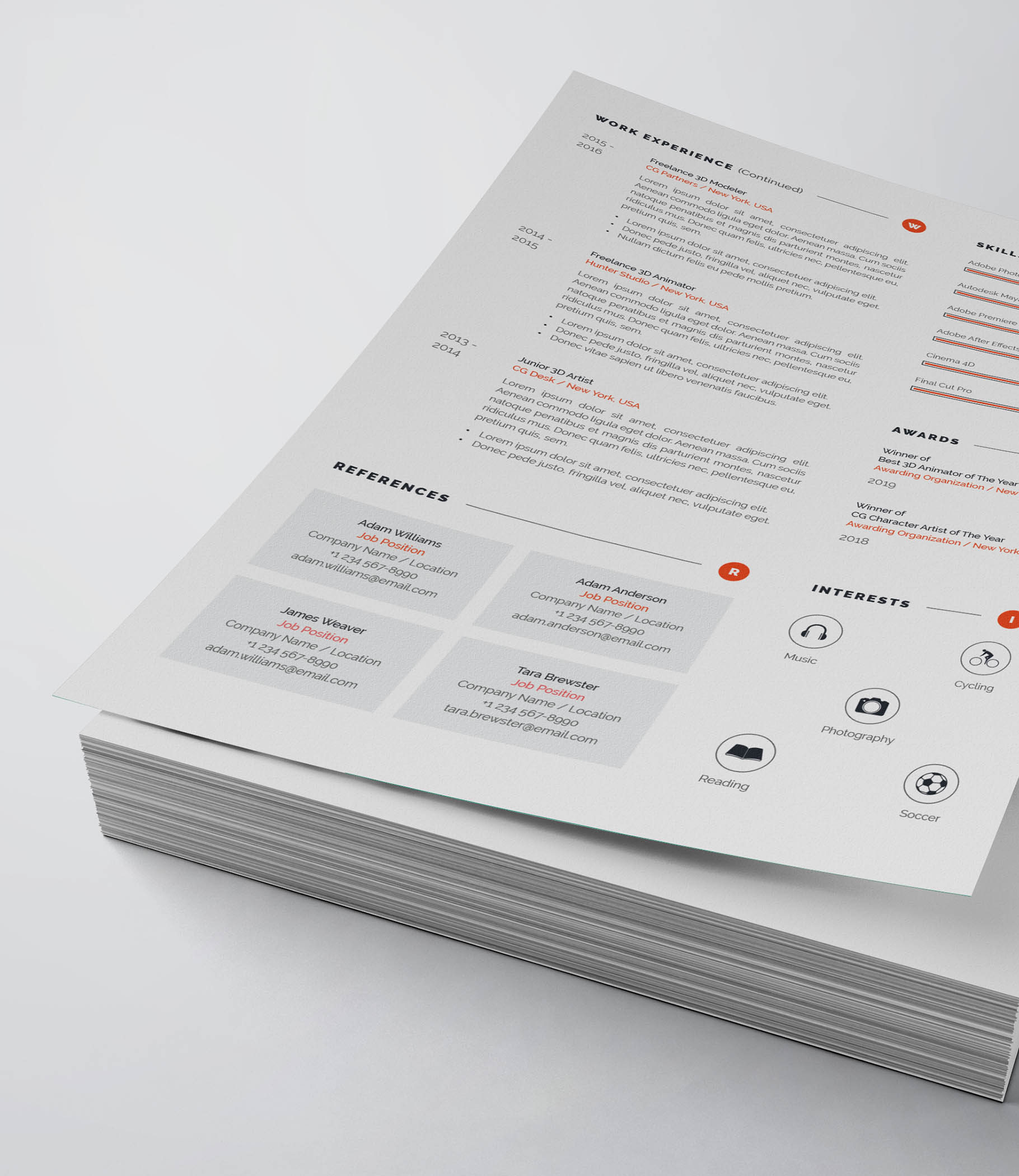 White and orange resume is stacked on top of each other.