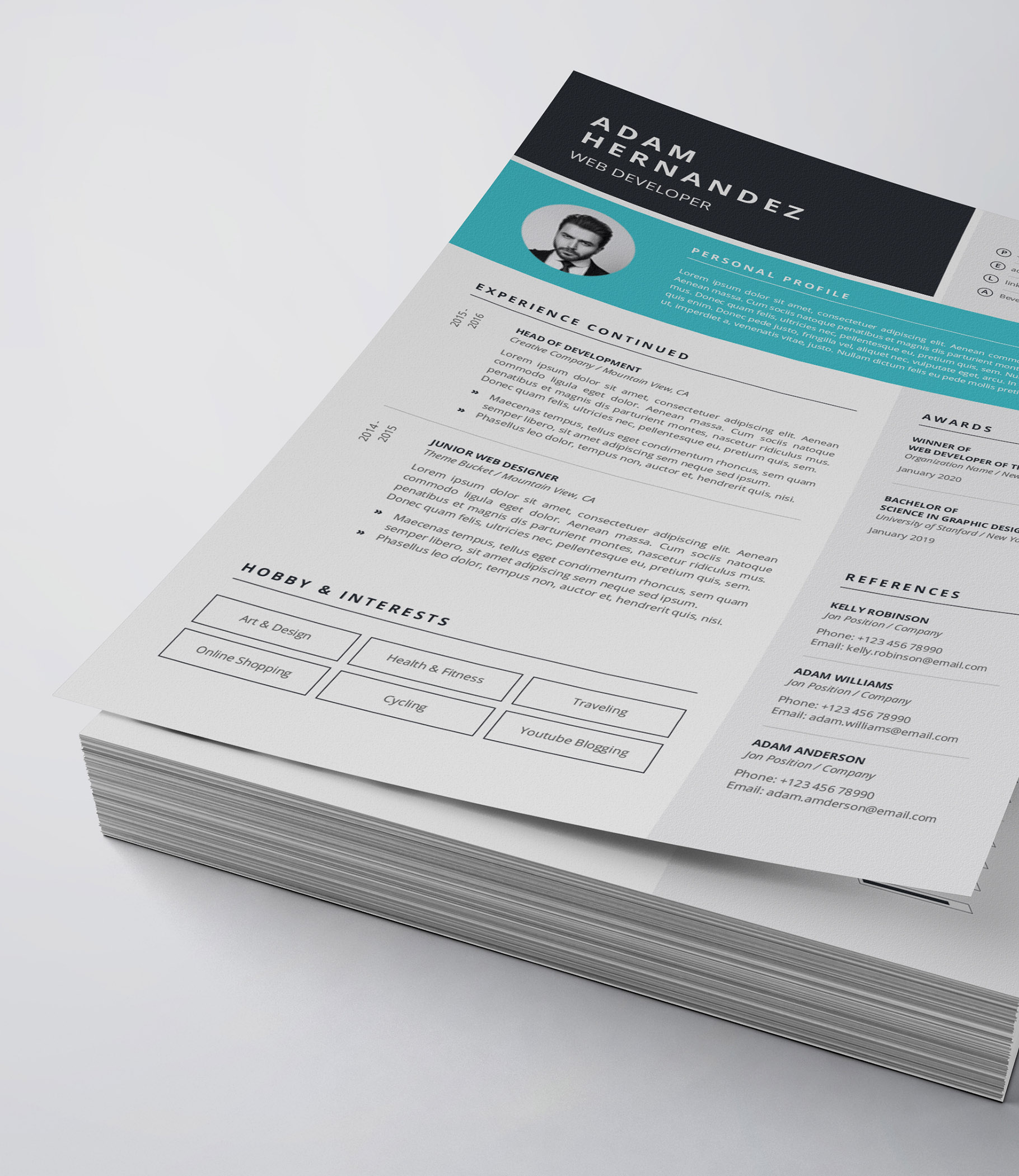 Clean and professional resume template on top of a stack of papers.