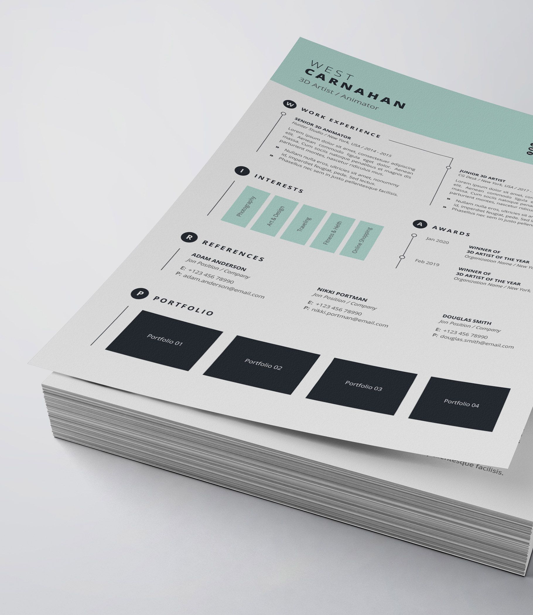 Clean and modern resume template on top of a stack of papers.