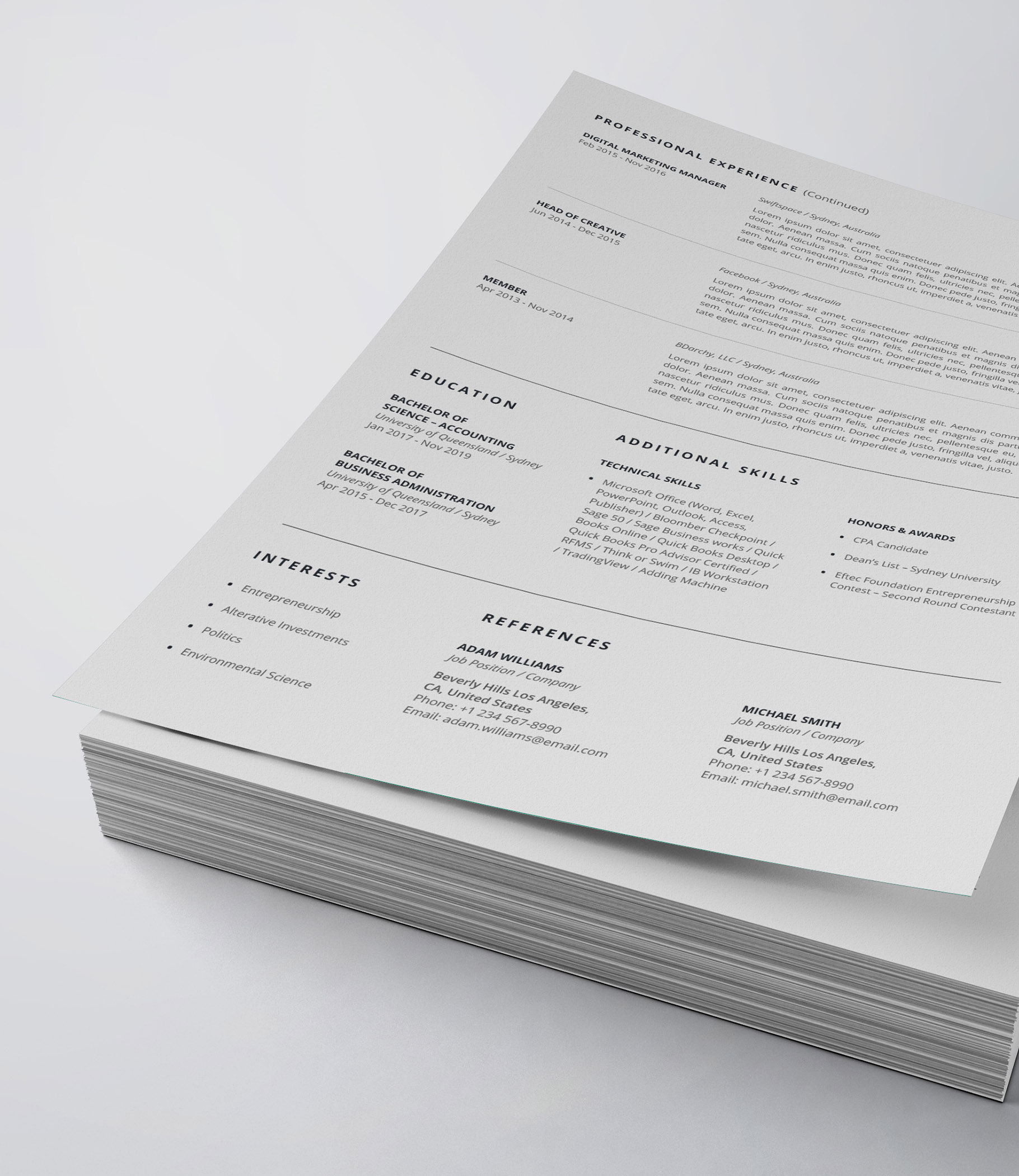 Two pages of a resume on top of each other.