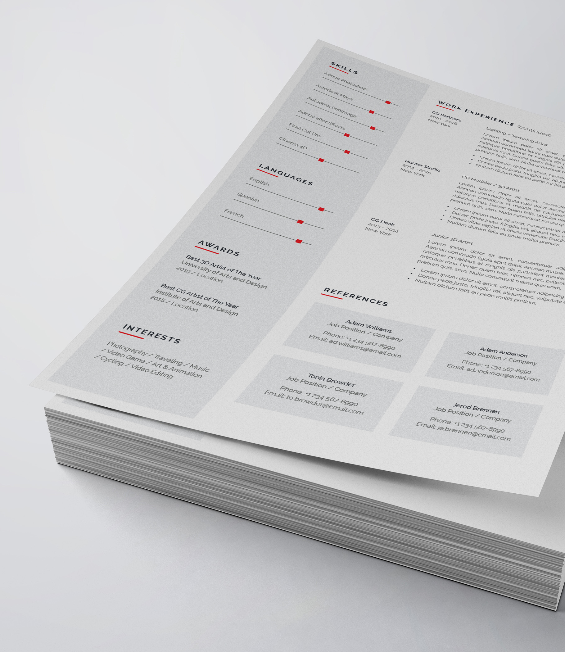 Two pages of a resume on top of each other.