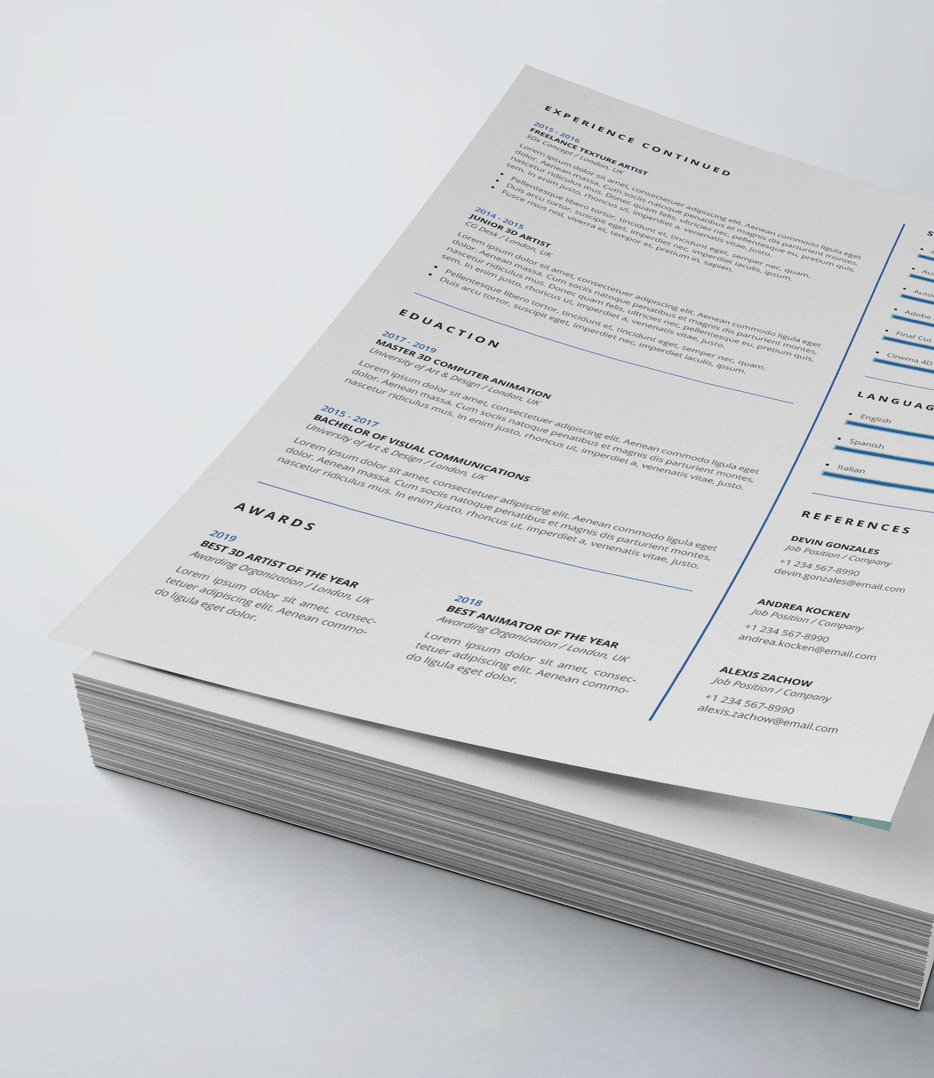 White and blue resume is stacked on top of each other.