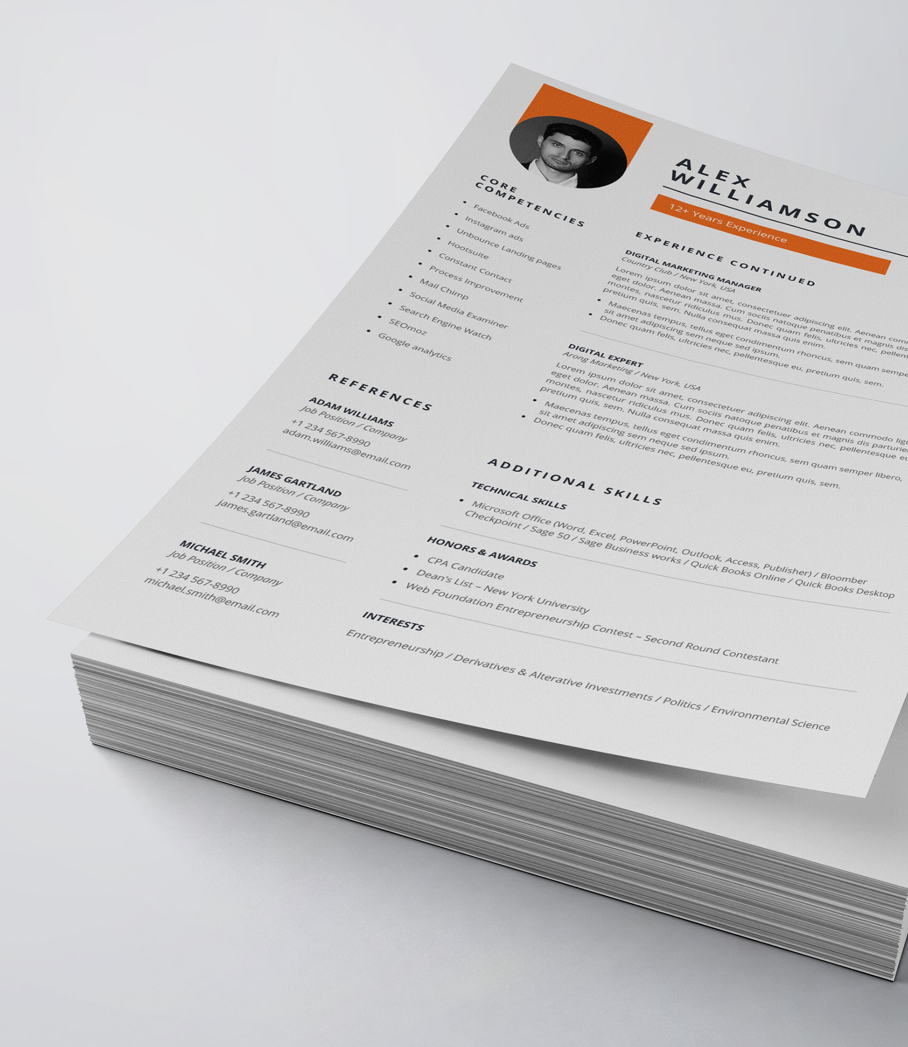 Clean and modern resume template on top of a stack of papers.