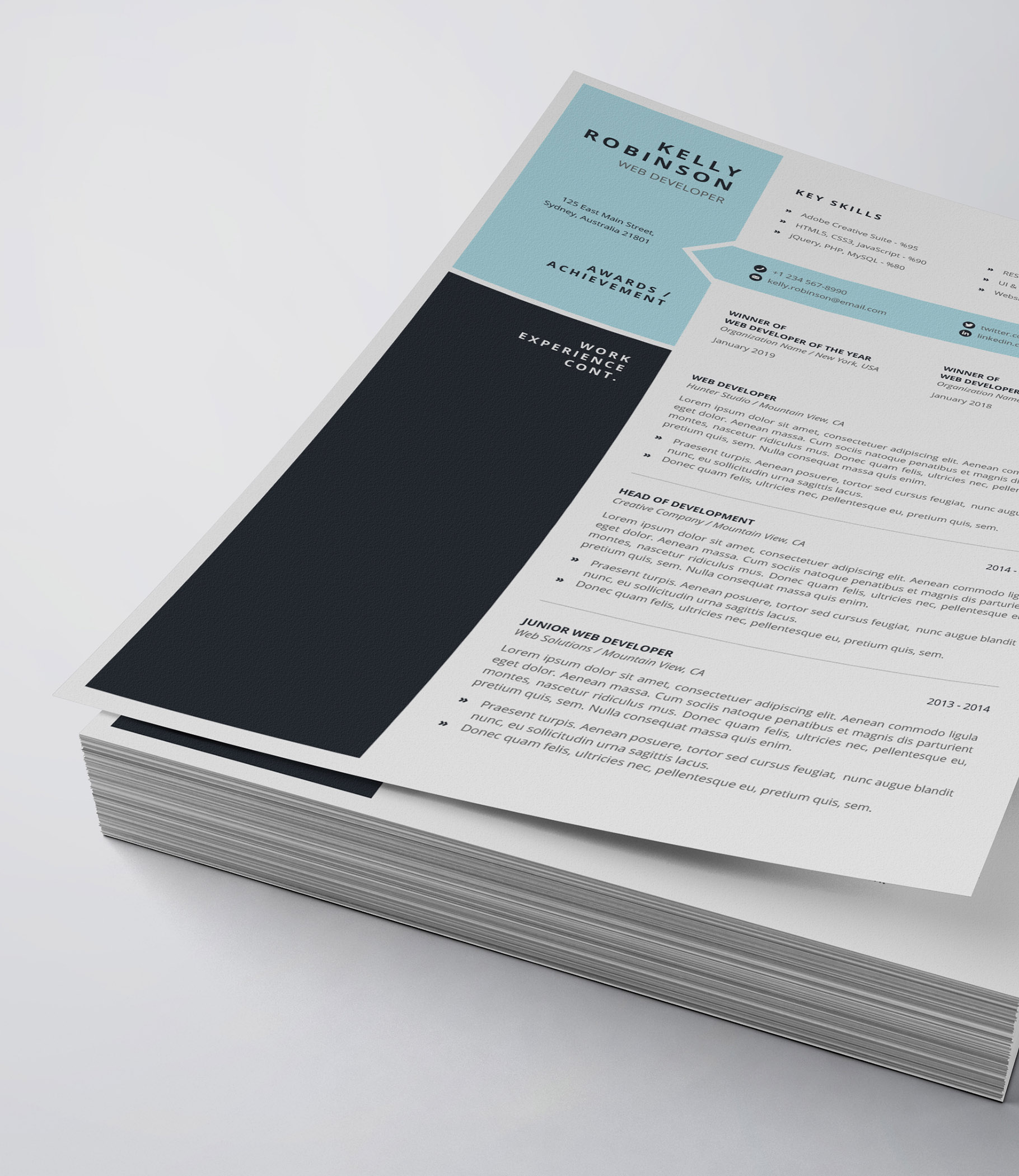 Two pages of a resume on top of each other.