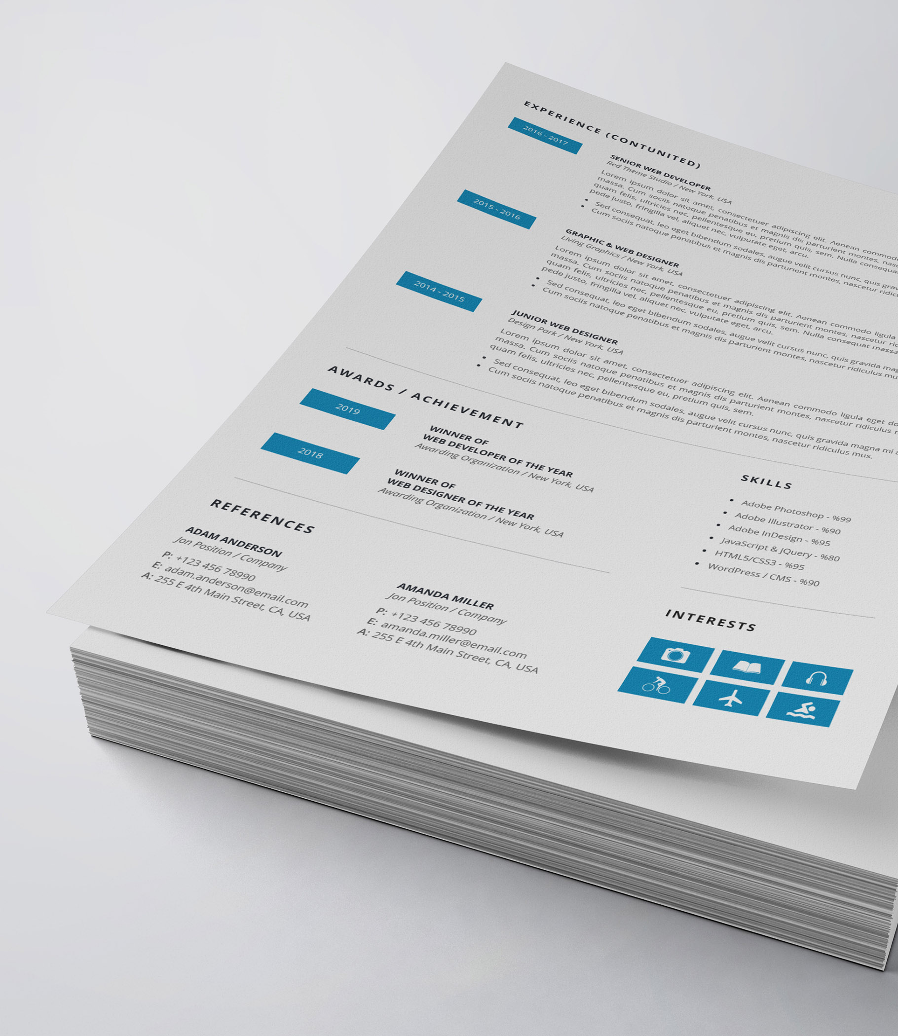 Clean and modern resume template with blue accents.