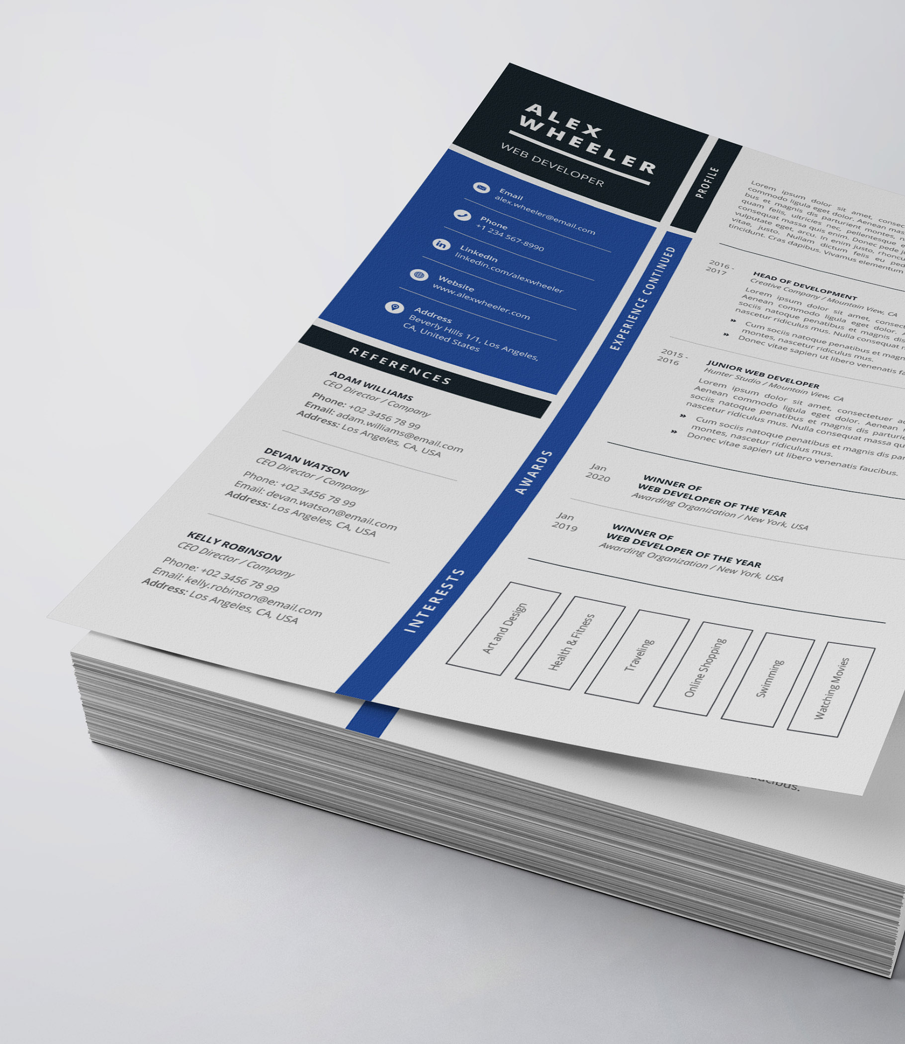 Blue and white resume on top of a stack of papers.