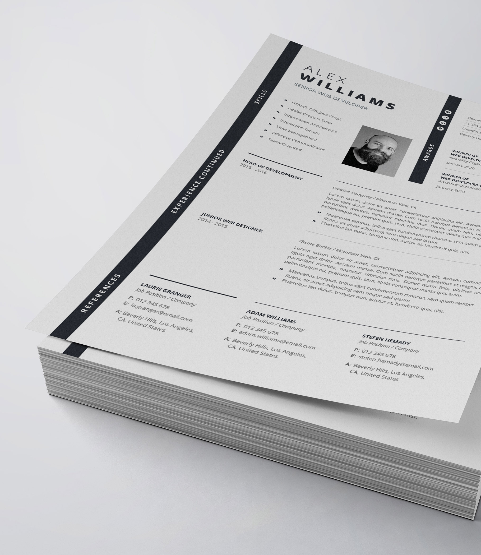 Clean and professional resume template on top of a stack of papers.