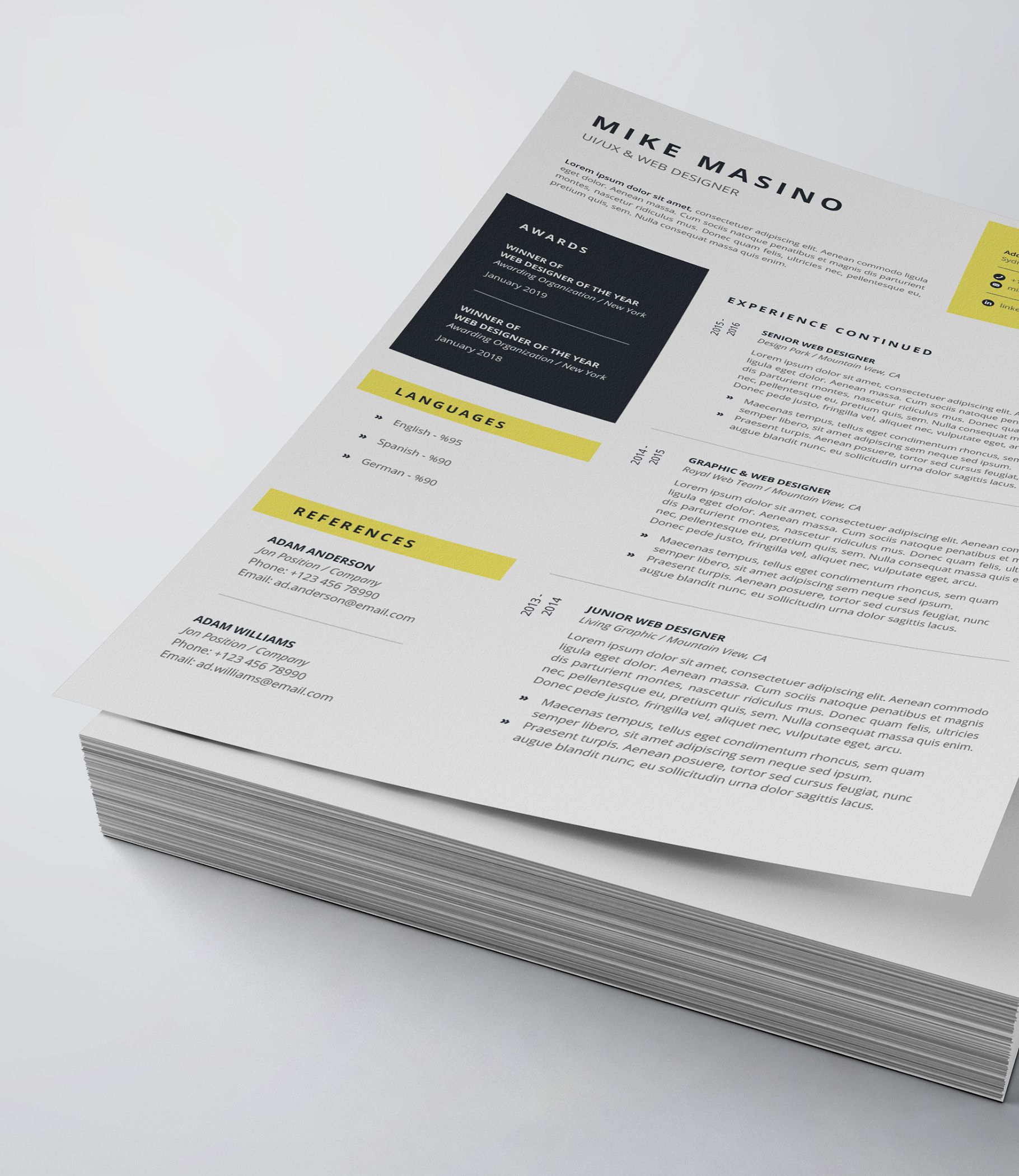 Clean and modern resume template with yellow accents.