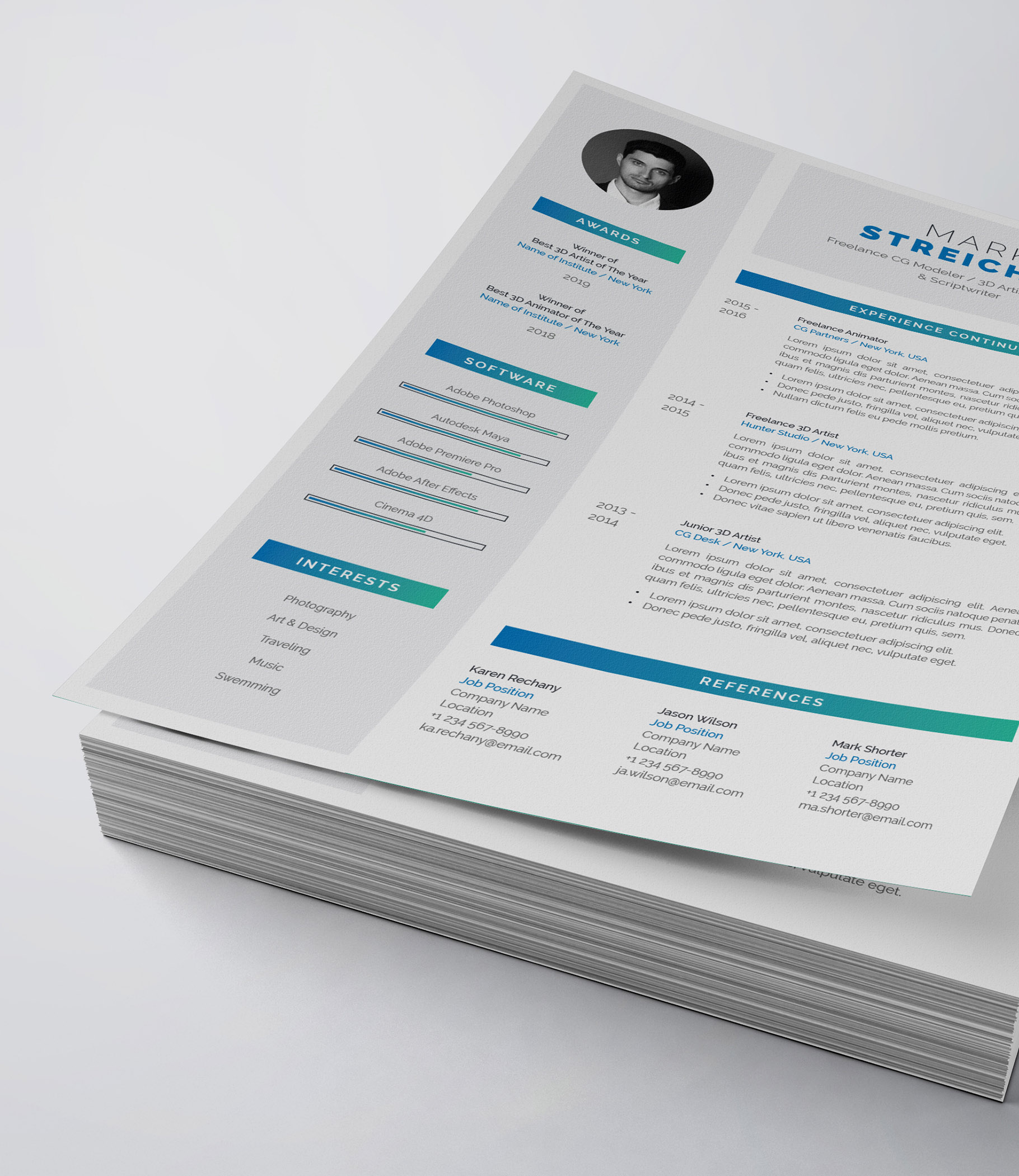 Clean and professional resume template on top of a stack of papers.