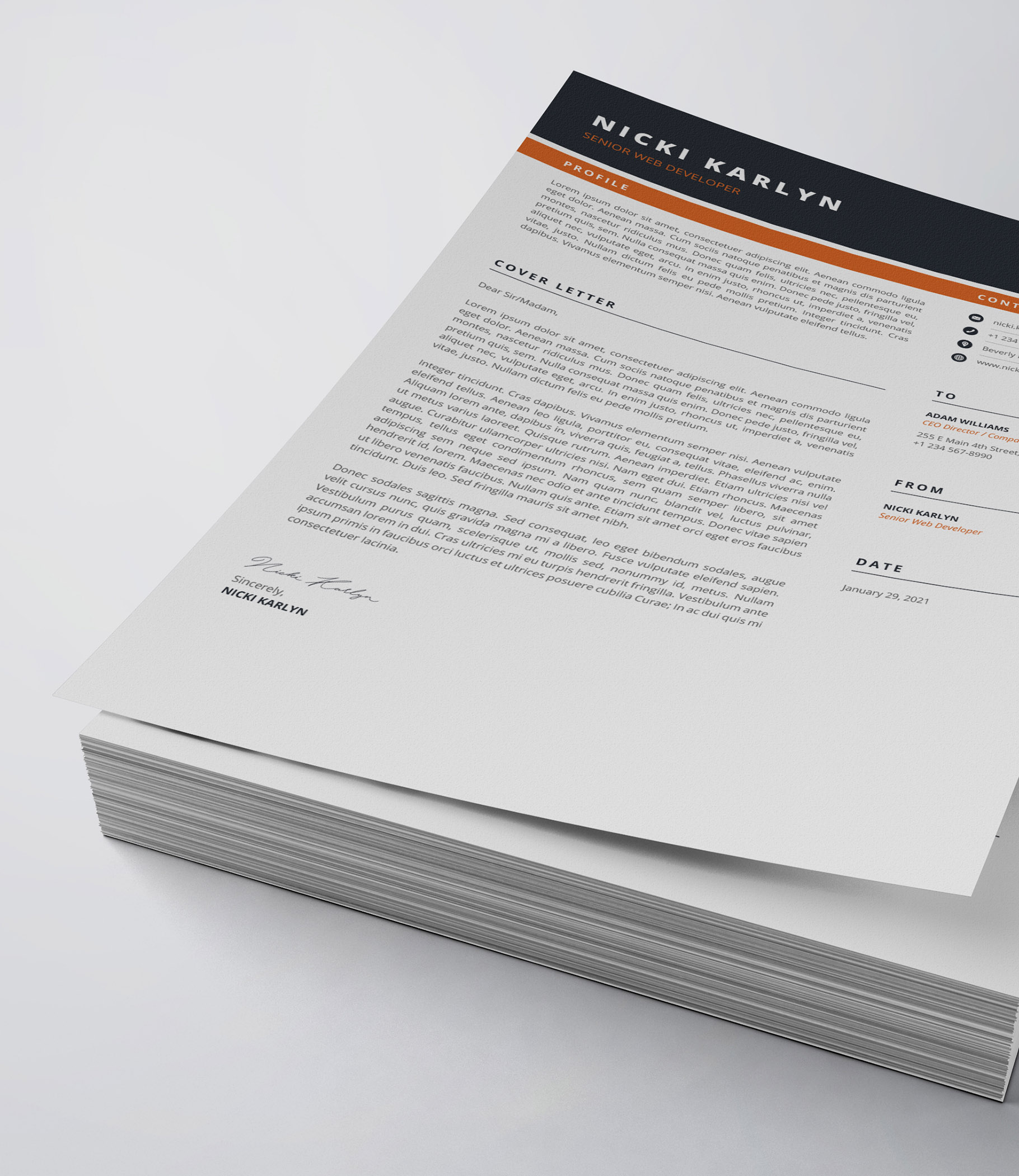 White and orange resume on top of a stack of papers.