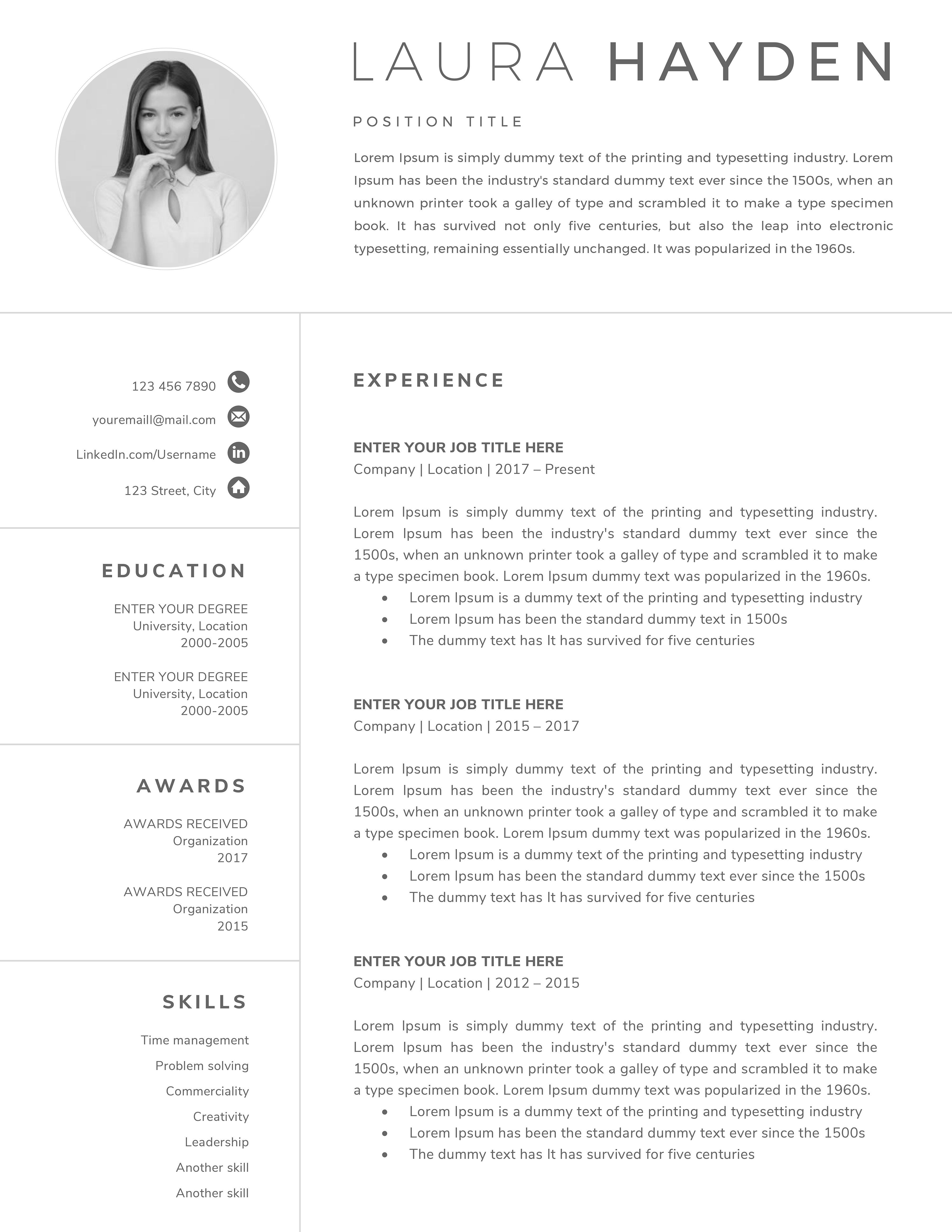 Professional resume template with a photo of a woman.
