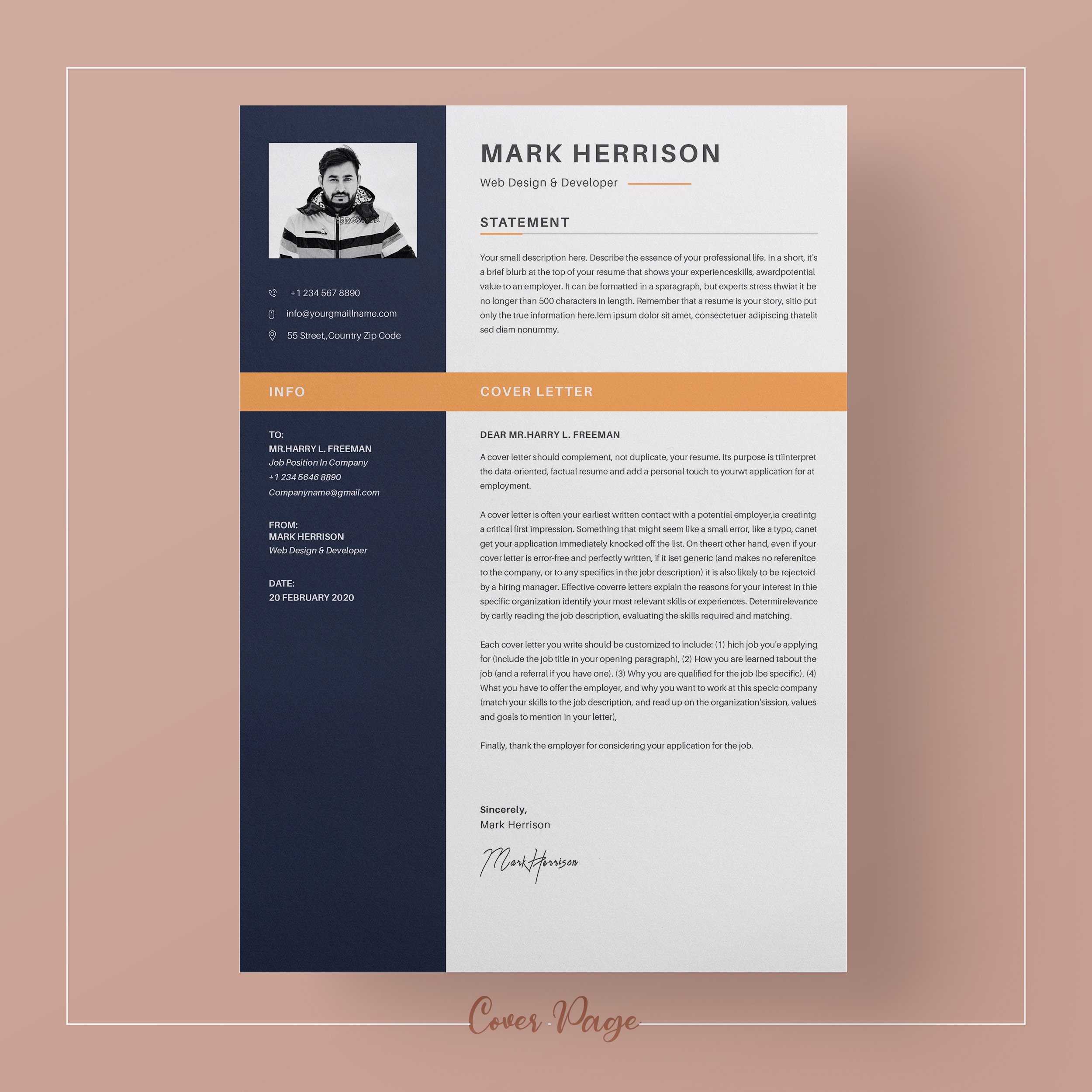 Professional resume template with a blue and orange color scheme.