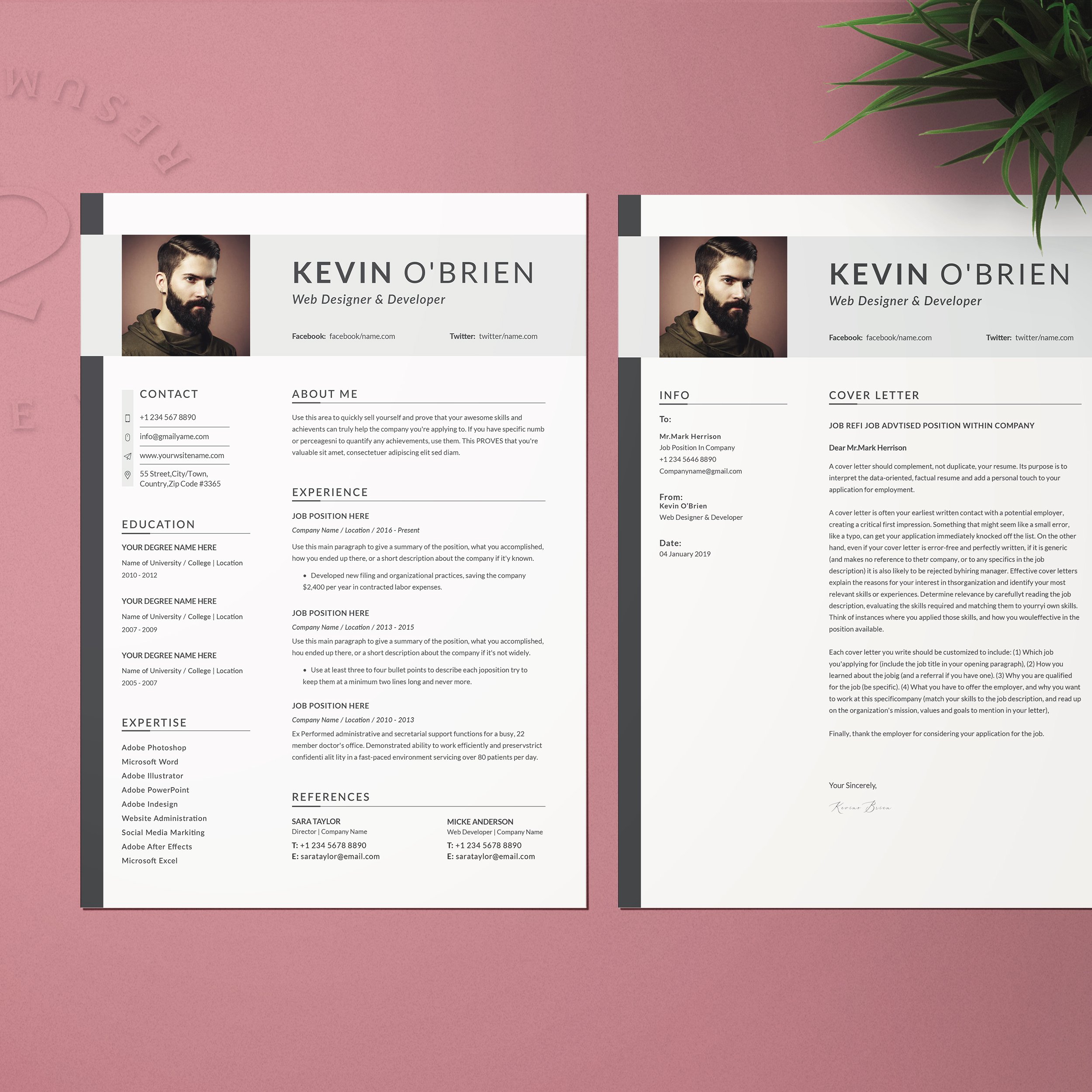 Two professional resumes on a pink background.