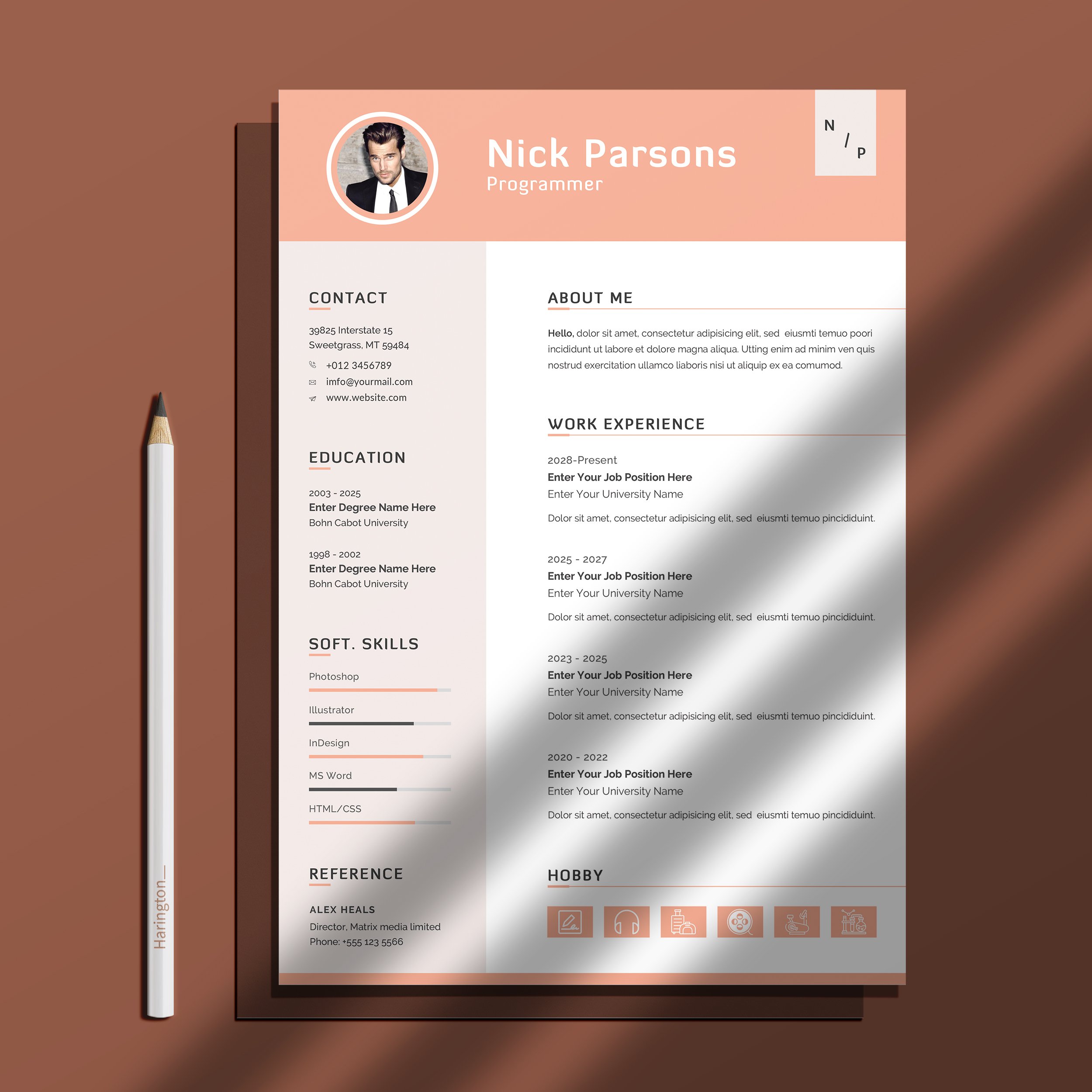 Resume template with a pencil on top of it.