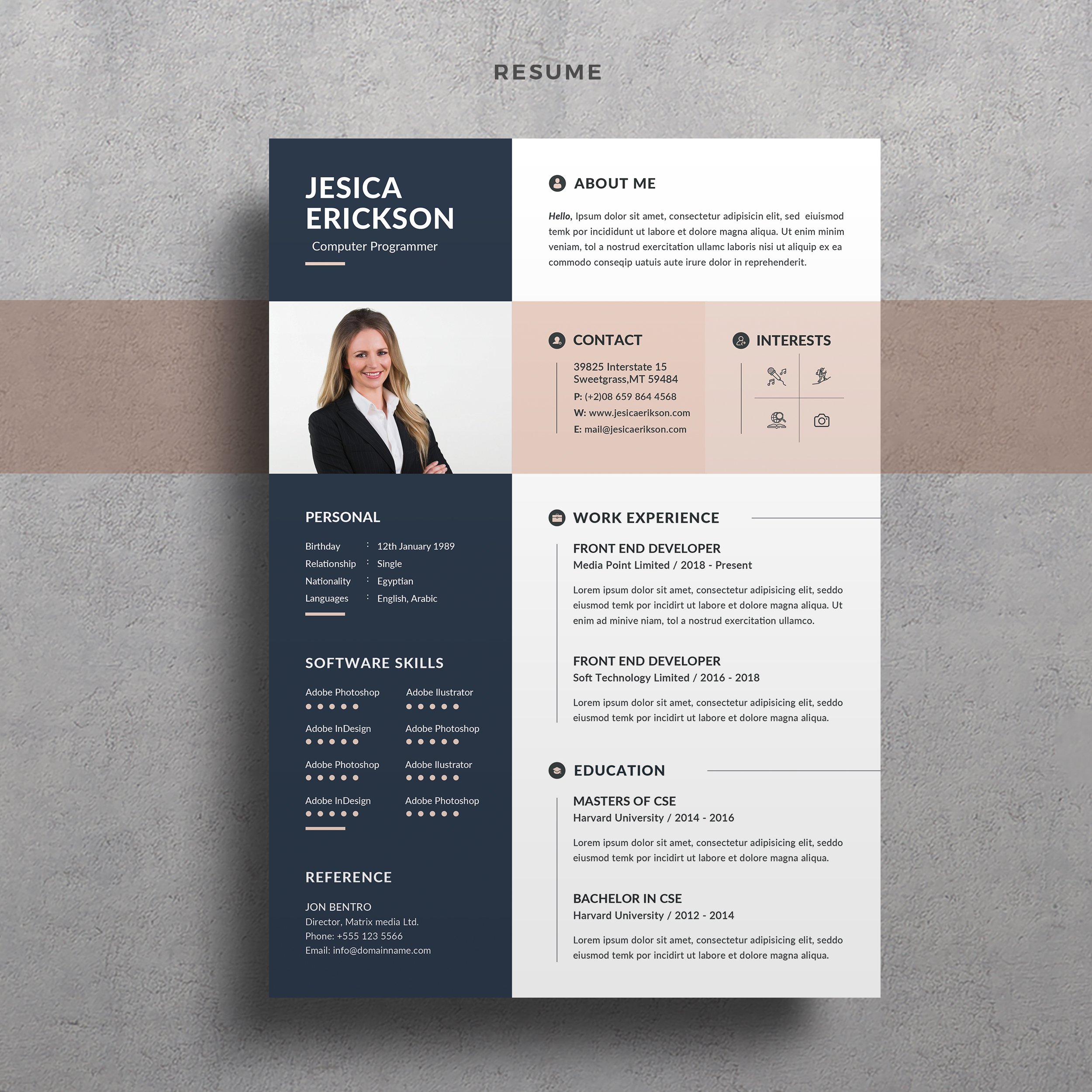 Professional resume template with a blue and pink color scheme.