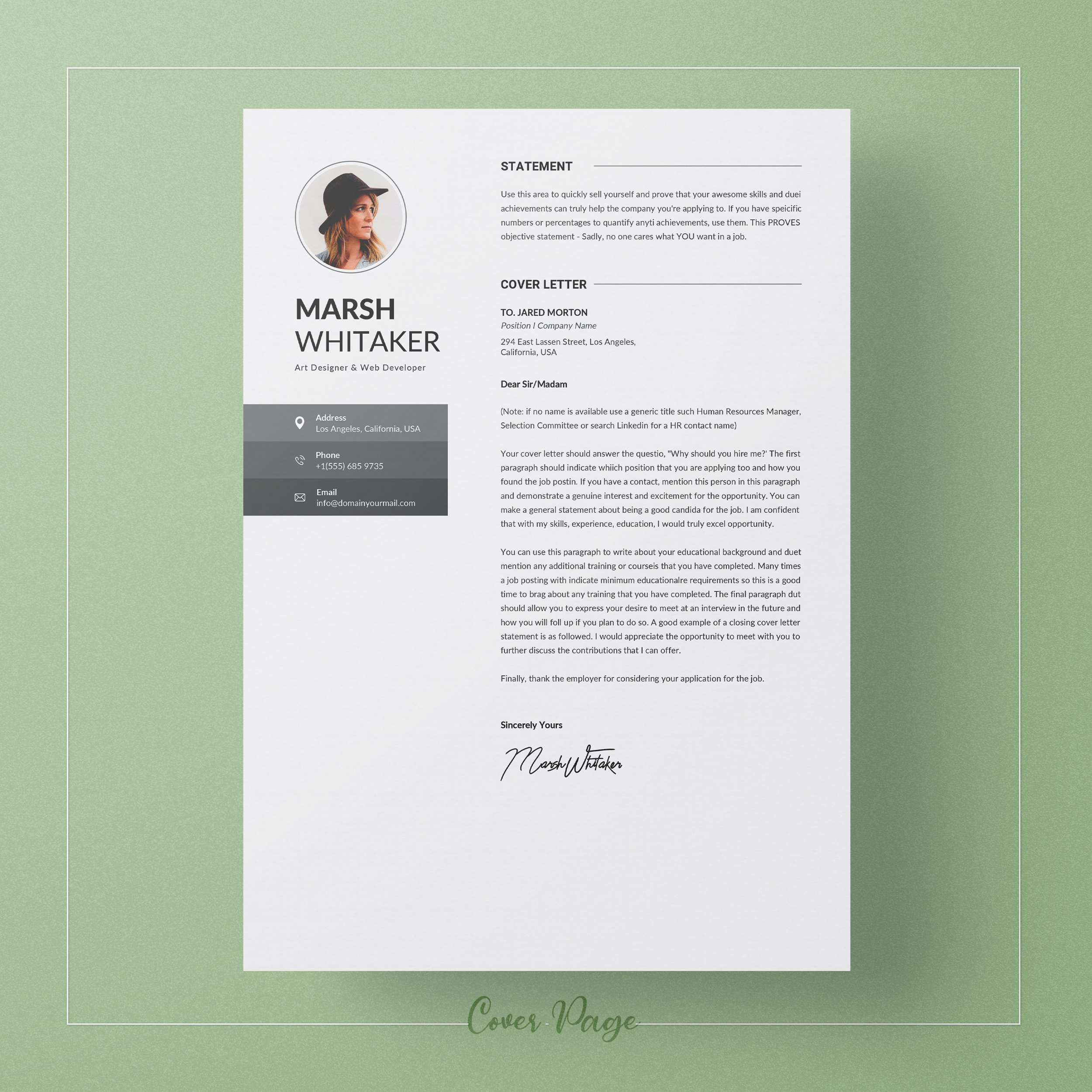 Professional resume template with a green background.