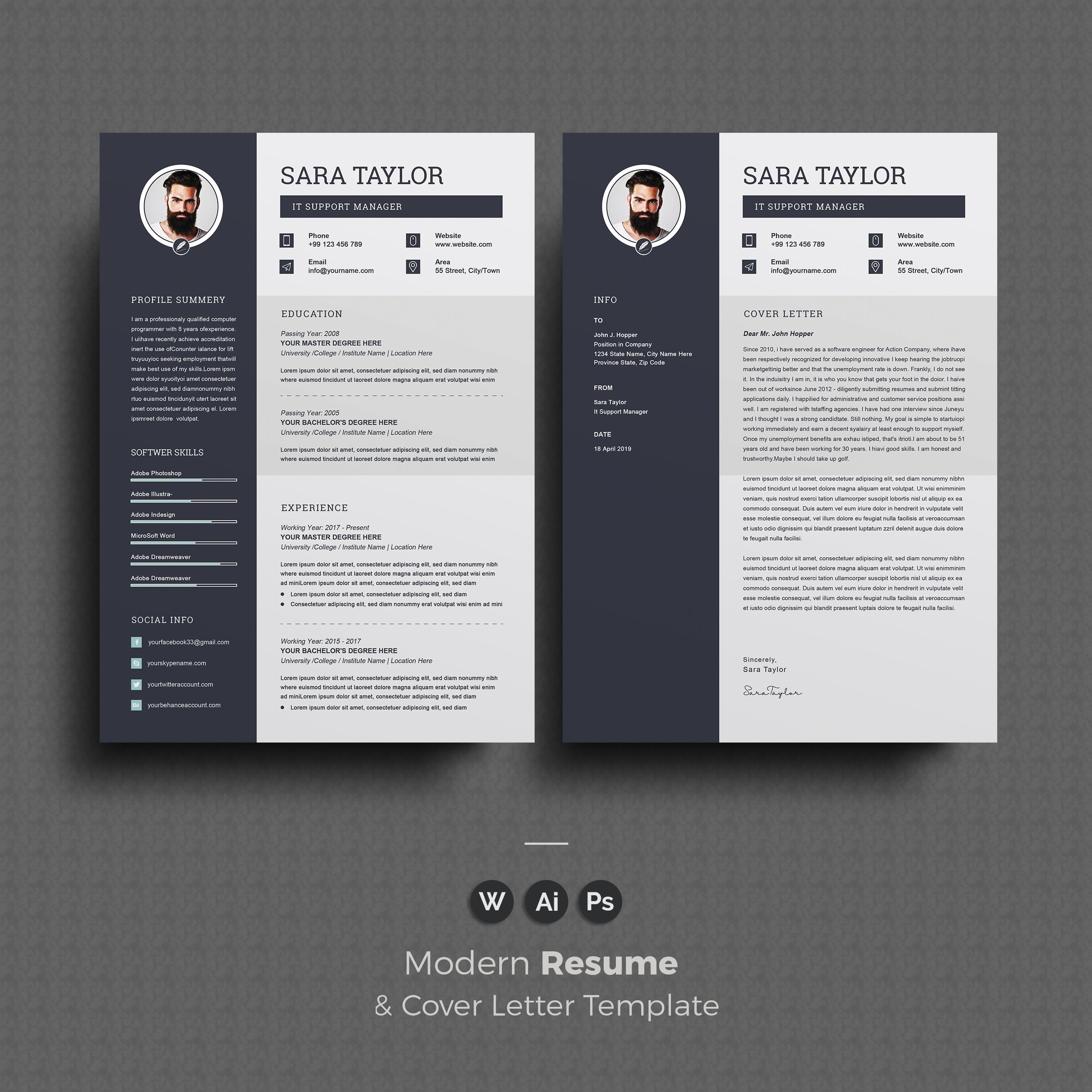 Professional resume template with a dark background.