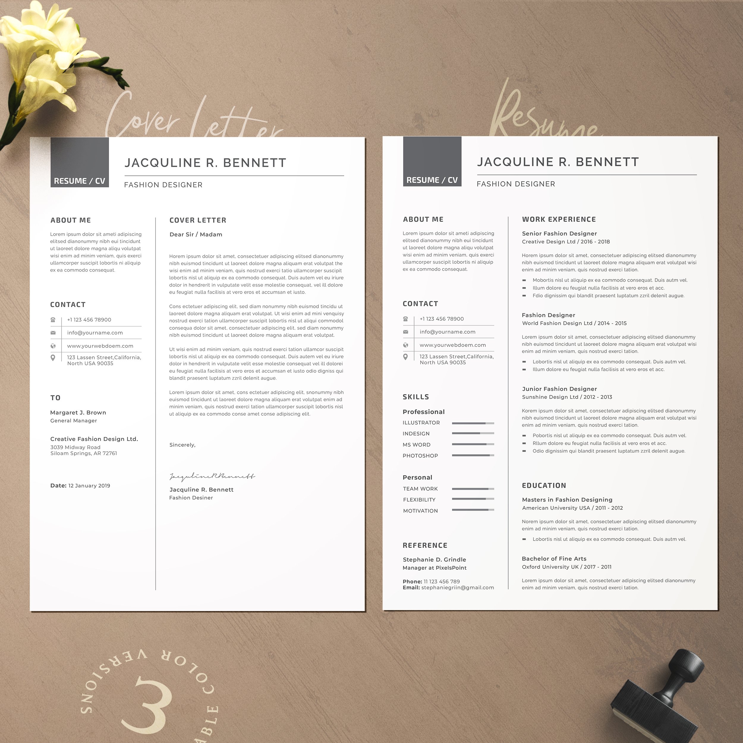 Two professional resume templates on a table.