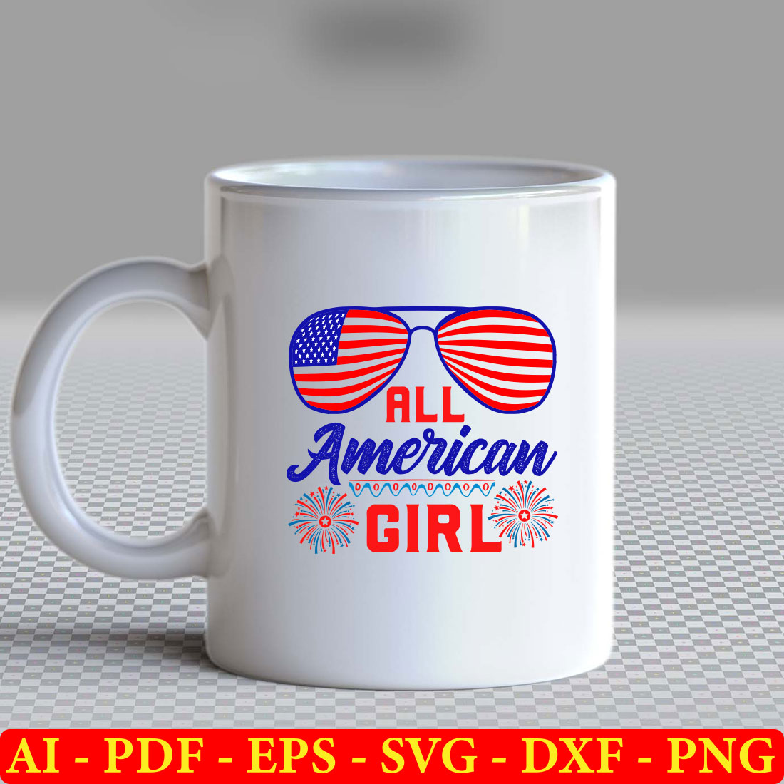 White coffee mug with the words all american girl on it.