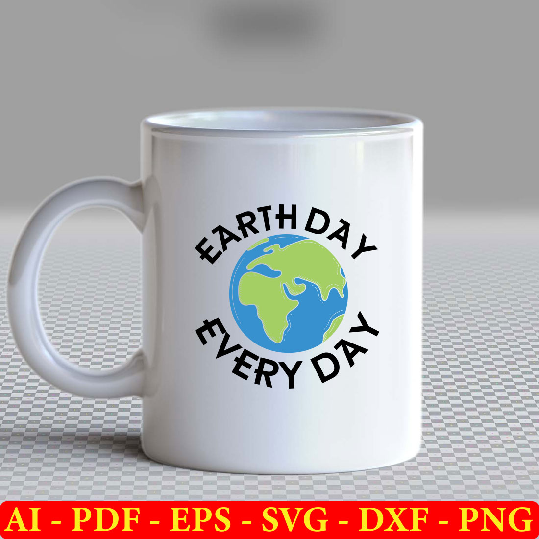 White coffee mug with the words earth day every day printed on it.