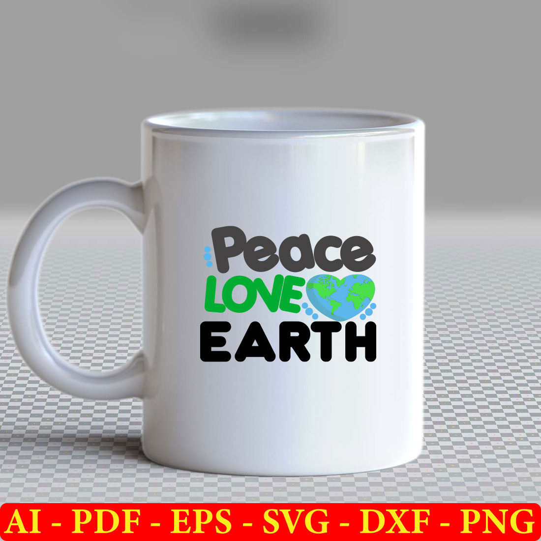 White coffee mug with the words peace love earth printed on it.