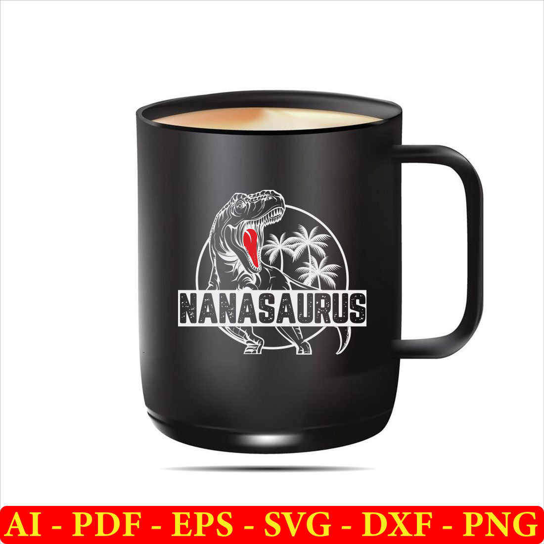 Black coffee mug with a picture of a dinosaur on it.