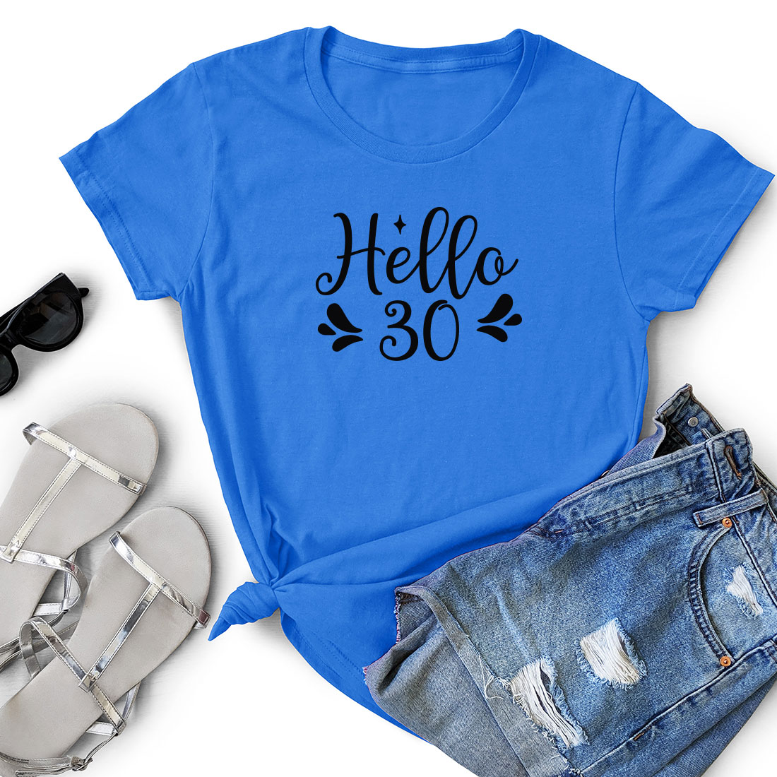 Blue shirt with the word hello written on it.